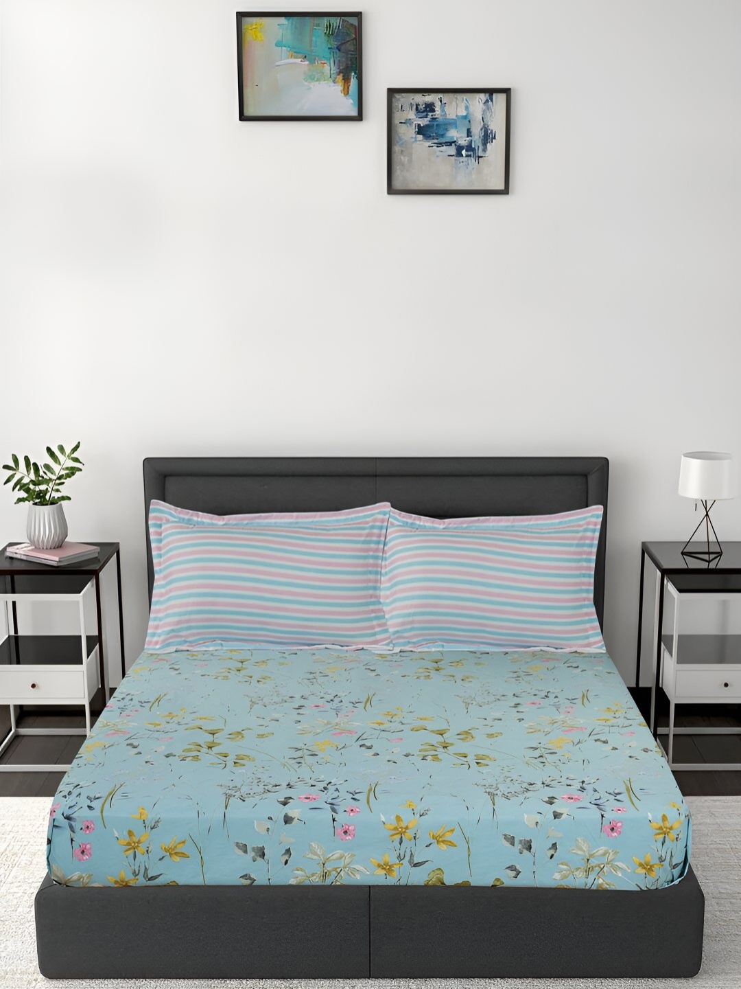 

GAPU & BALY Blue & Yellow Floral 140 TC Fitted King Bedsheet with 2 Pillow Covers