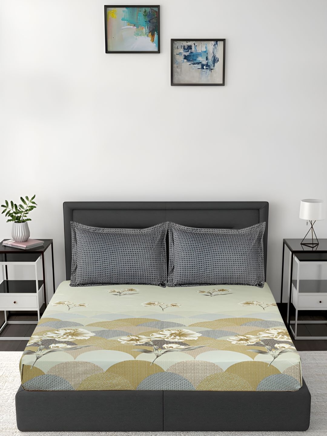 

GAPU & BALY Grey & Yellow Floral 140 TC Fitted King Bedsheet with 2 Pillow Covers