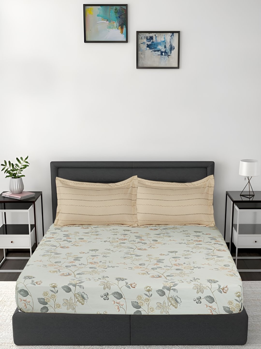 

GAPU & BALY Beige & Grey Floral 140 TC Fitted King Bedsheet with 2 Pillow Covers