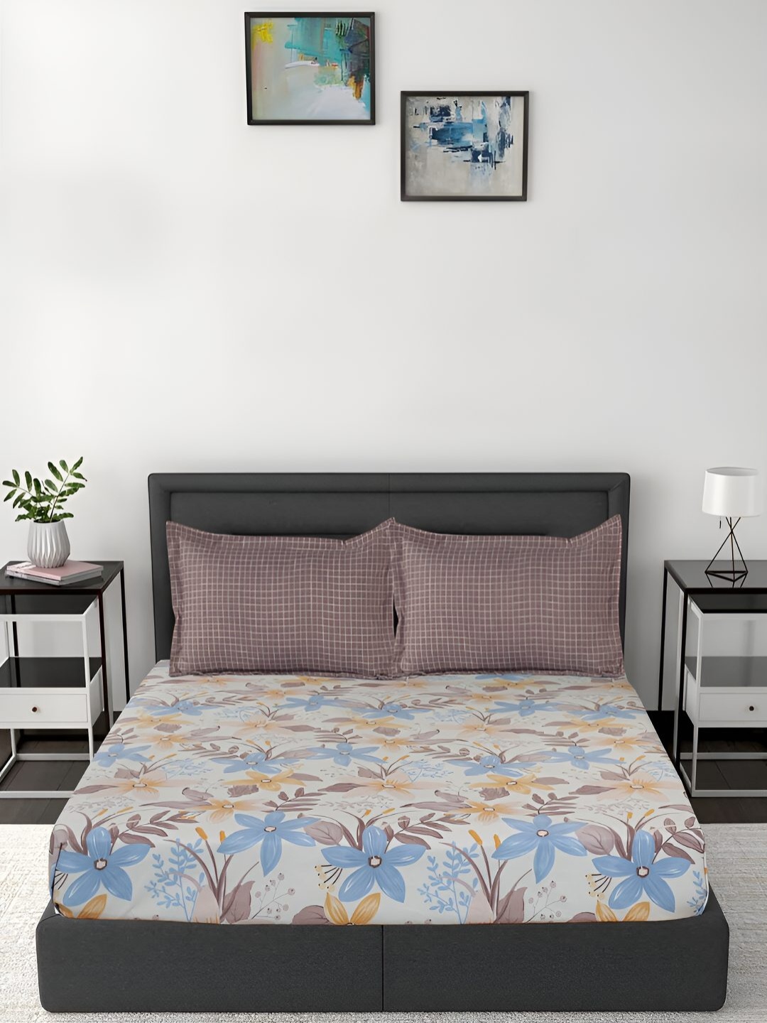 

GAPU & BALY Blue & Yellow Floral 140 TC Fitted King Bedsheet with 2 Pillow Covers