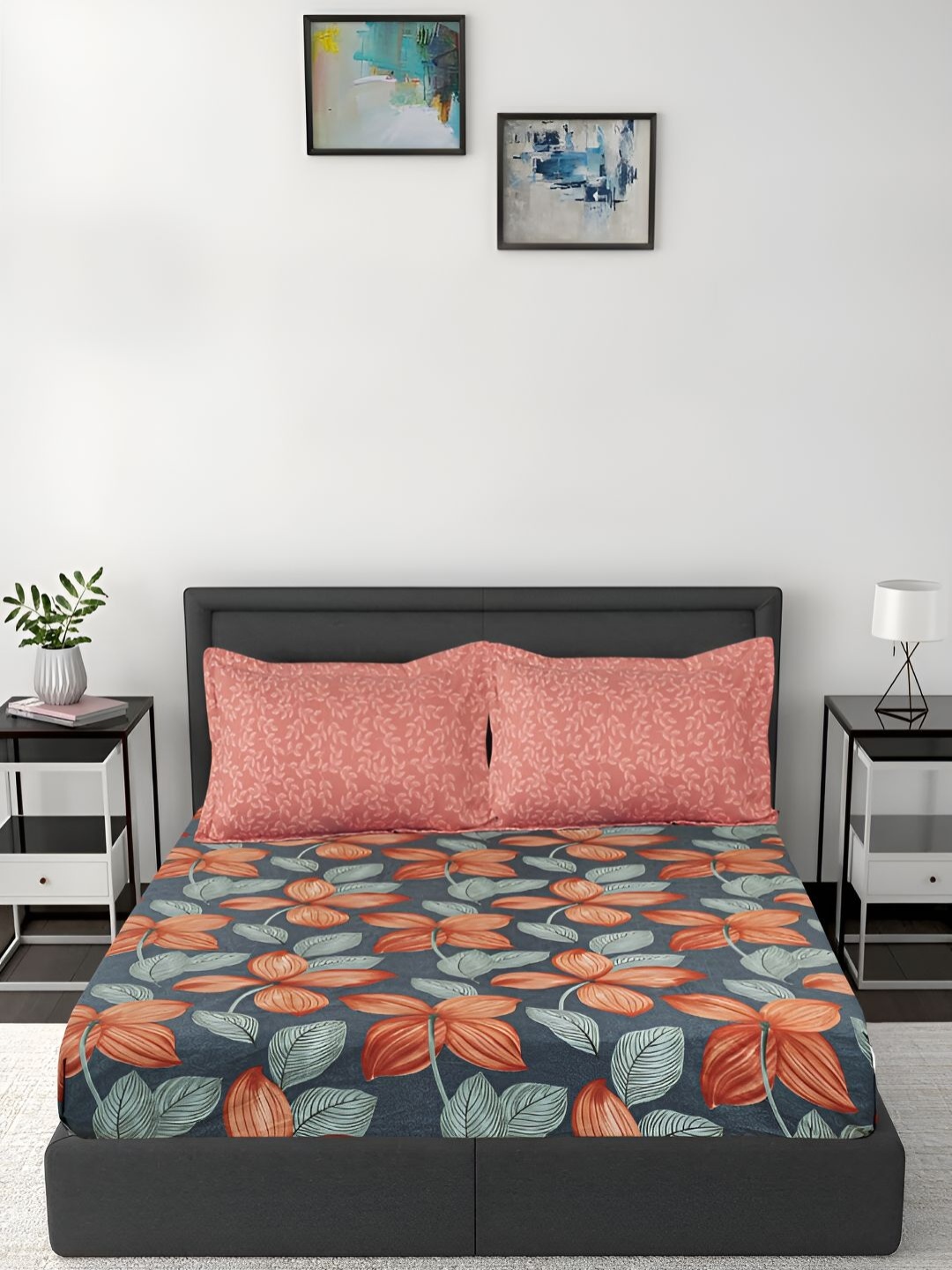 

GAPU & BALY Blue & Orange Floral 140 TC Fitted King Bedsheet with 2 Pillow Covers