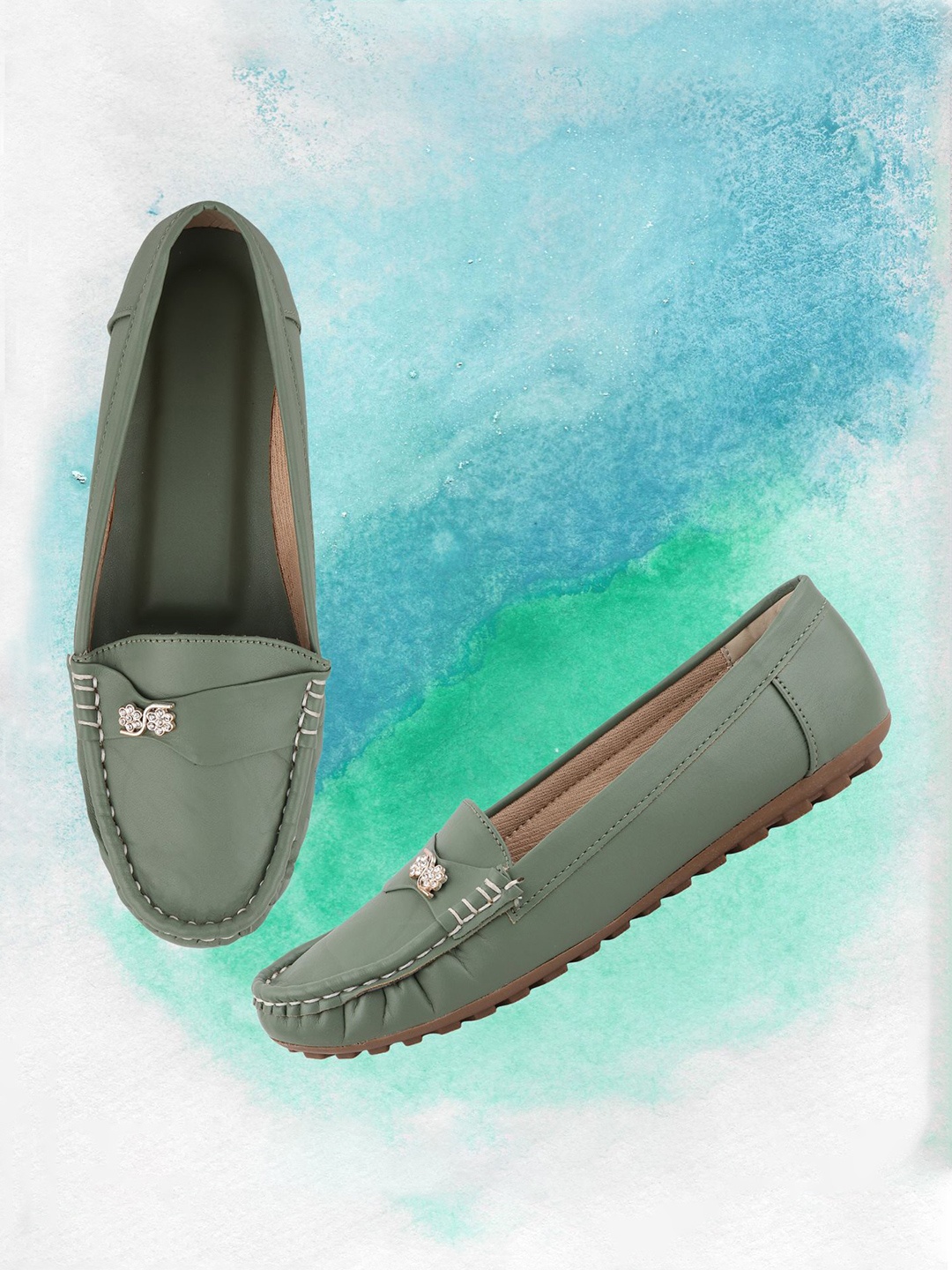 

PERY PAO Girls Embellished Round Toe Loafers, Olive