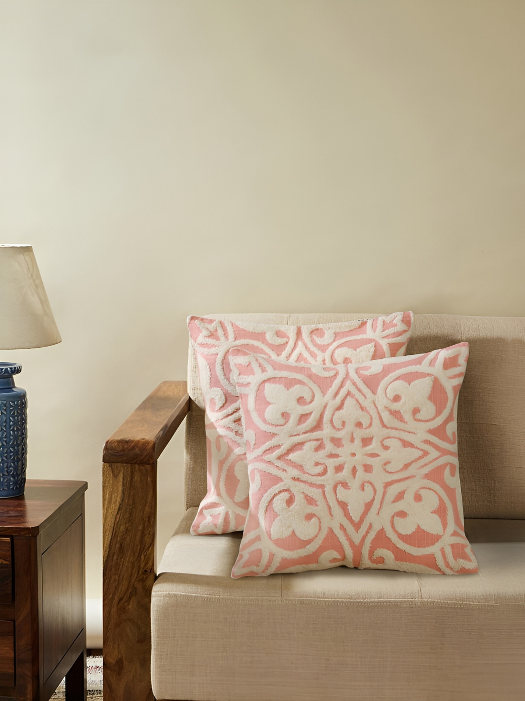 

Ratan Cart Off White & Pink 2 Pcs Embroidered Square Cotton Cushion Covers