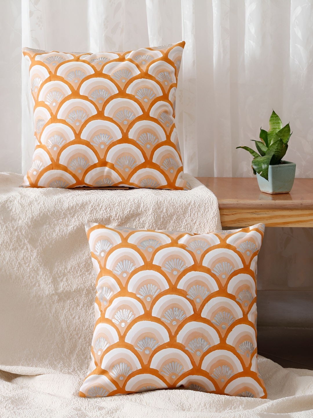 

Ratan Cart White & Orange 2 Pcs Geometric Square Cotton Cushion Covers