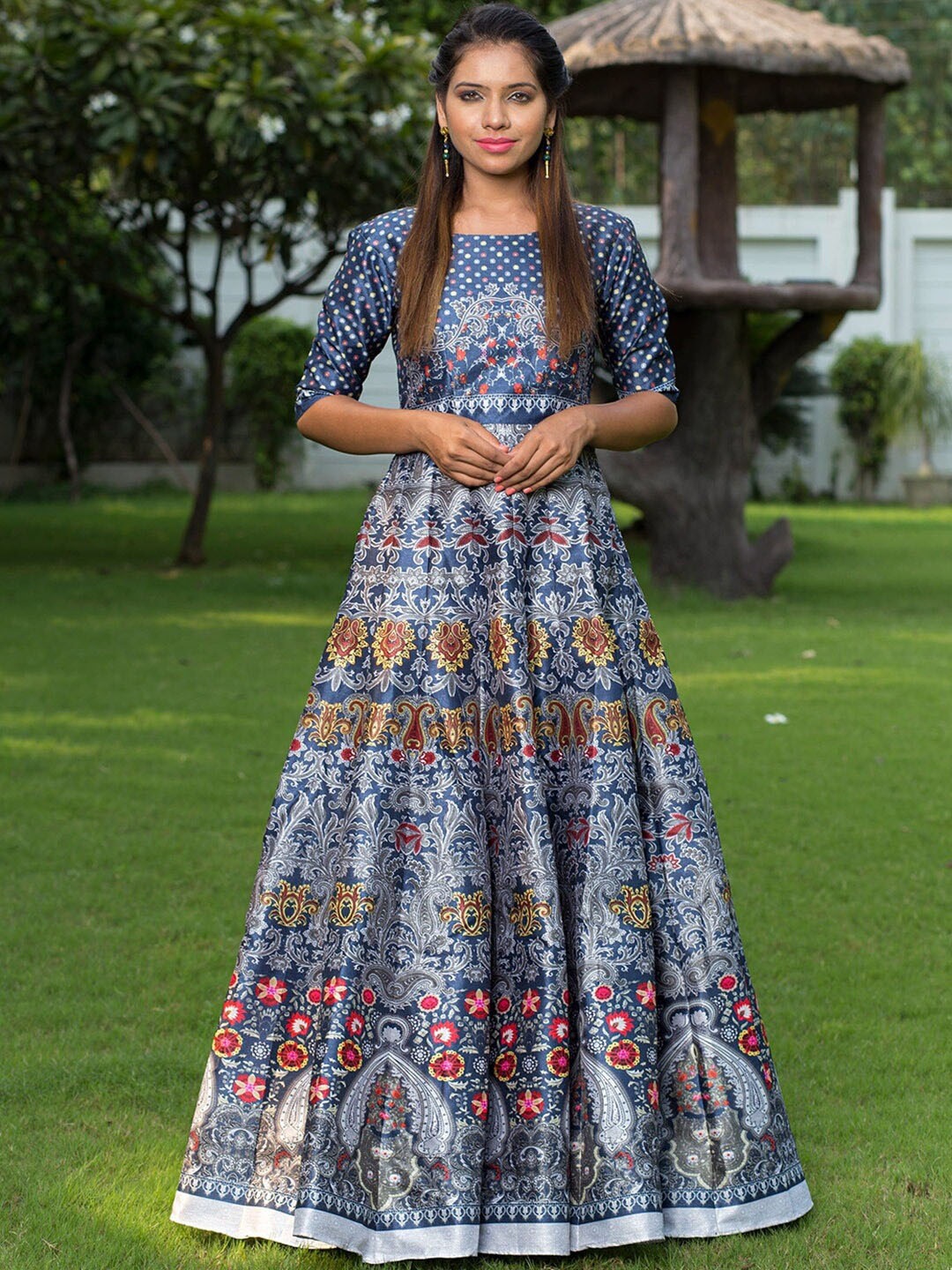 

Zeel Clothing Ethnic Motifs Printed Fite & Flare Maxi Ethnic Dress & Dupatta, Blue