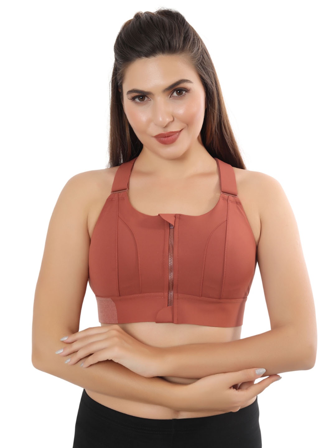 

FABLUK Full Coverage Lightly Padded High Support Moisture Wicking Workout Bra, Brown