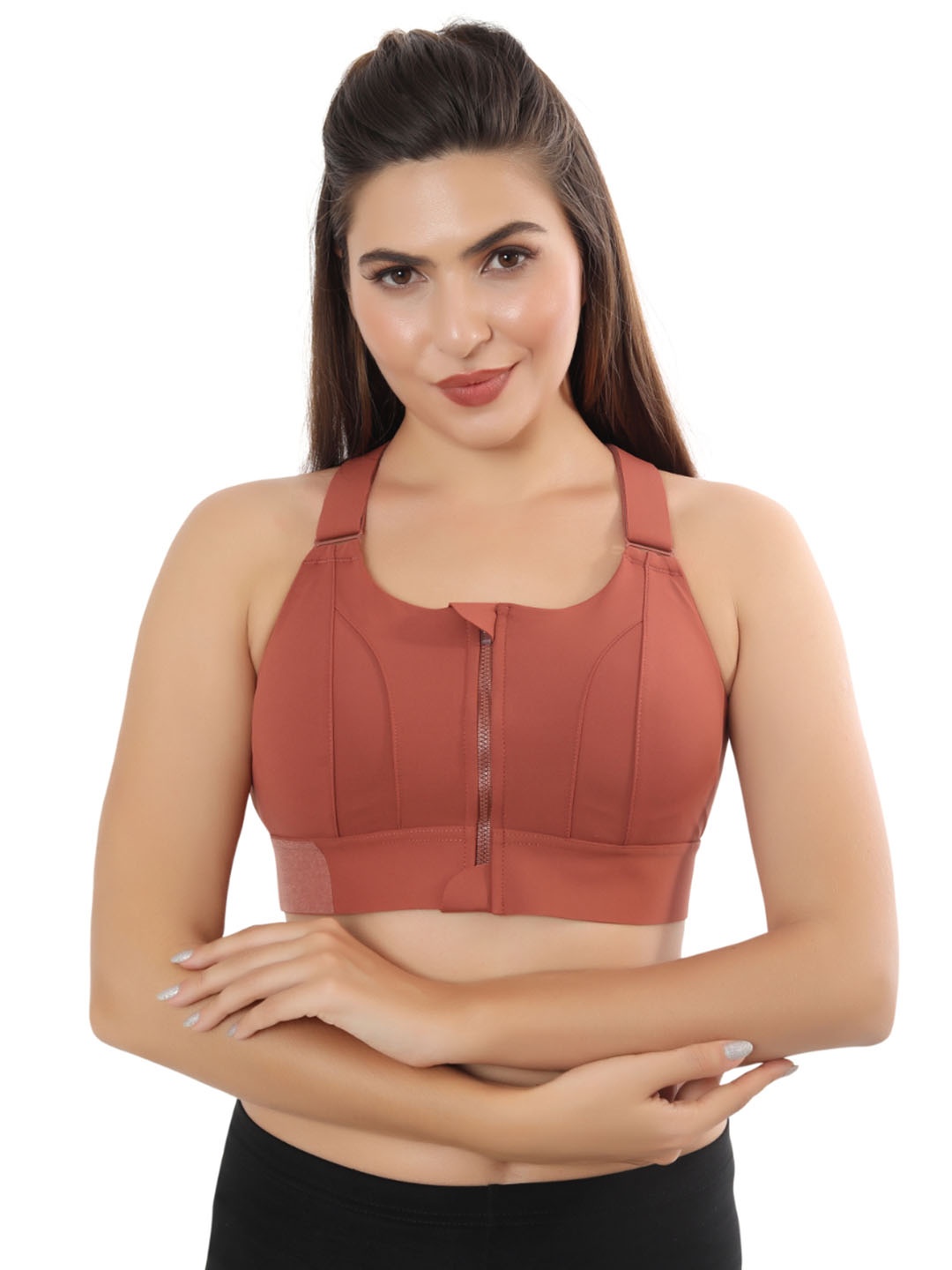 

FABLUK Full Coverage Lightly Padded Workout Bra with Moisture Wicking, Brown