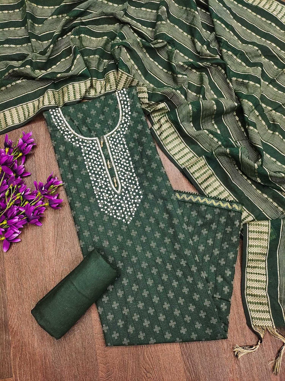 

Panzora Ethnic Motifs Woven Design Unstitched Dress Material, Green