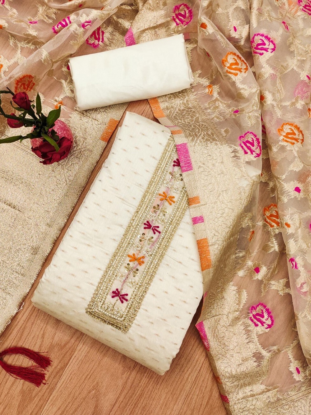 

Panzora Ethnic Motifs Embroidered Unstitched Dress Material, White