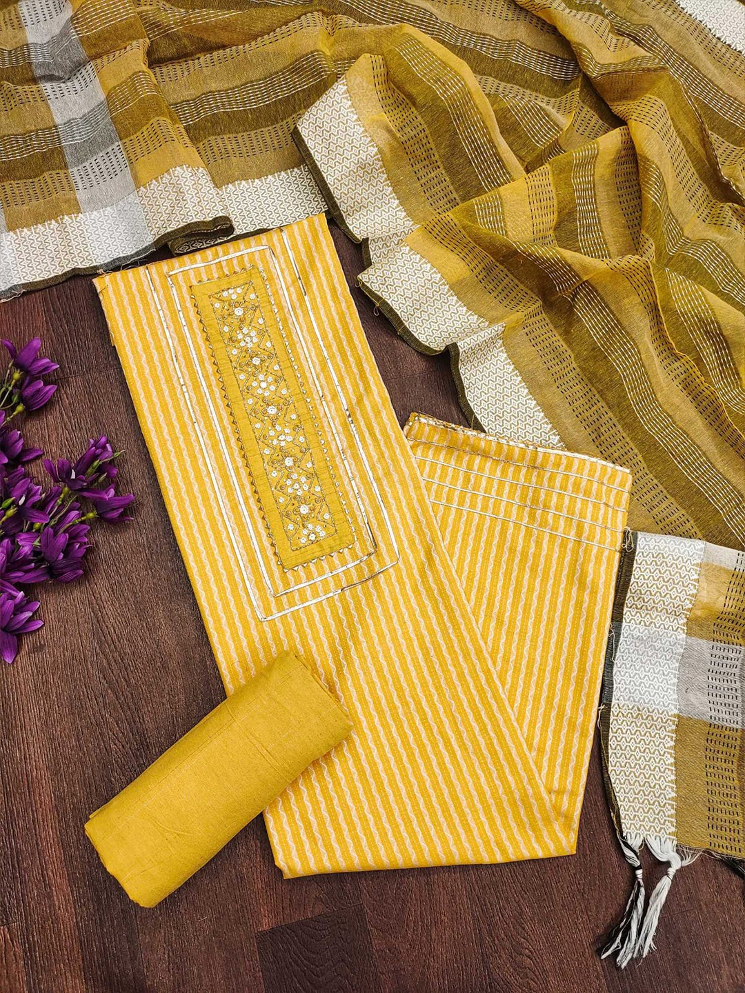 

Panzora Striped Woven Design Unstitched Dress Material, Yellow