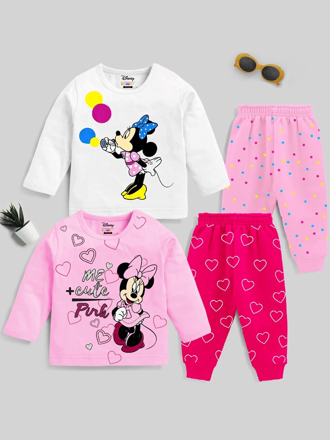 

KUCHIPOO Girls Minnie Mouse Pack Of 2 Printed T-shirt with Pyjamas, White