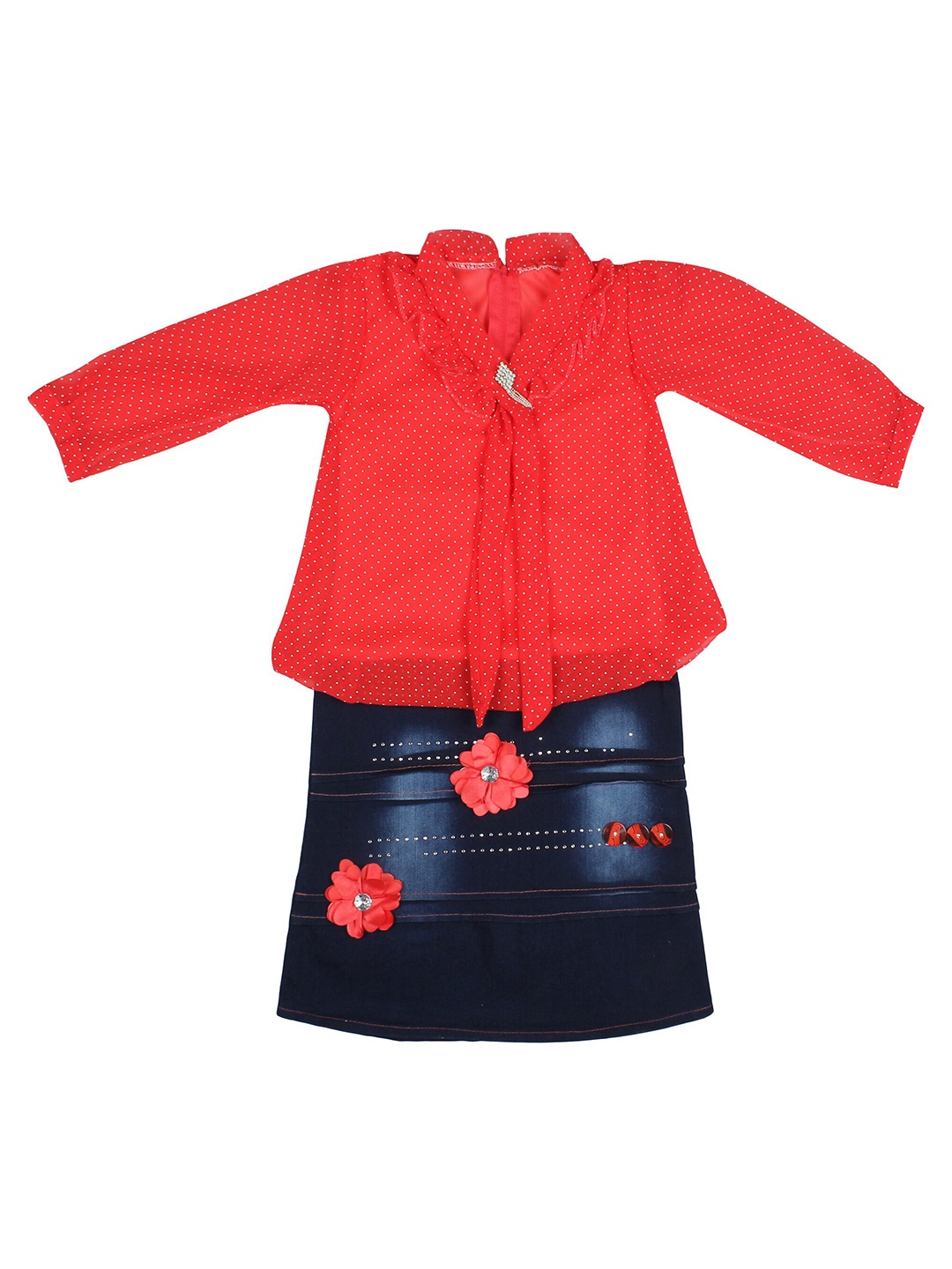 

BAESD Polka Dot Printed Georgette Mandarin Collar A-Line Dress, Red