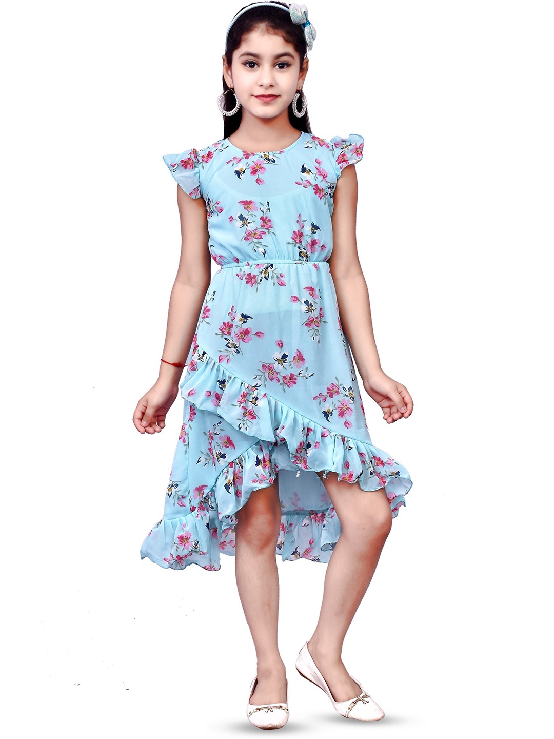 

BAESD Floral Print Flutter Sleeve Georgette Fit & Flare Dress, Blue
