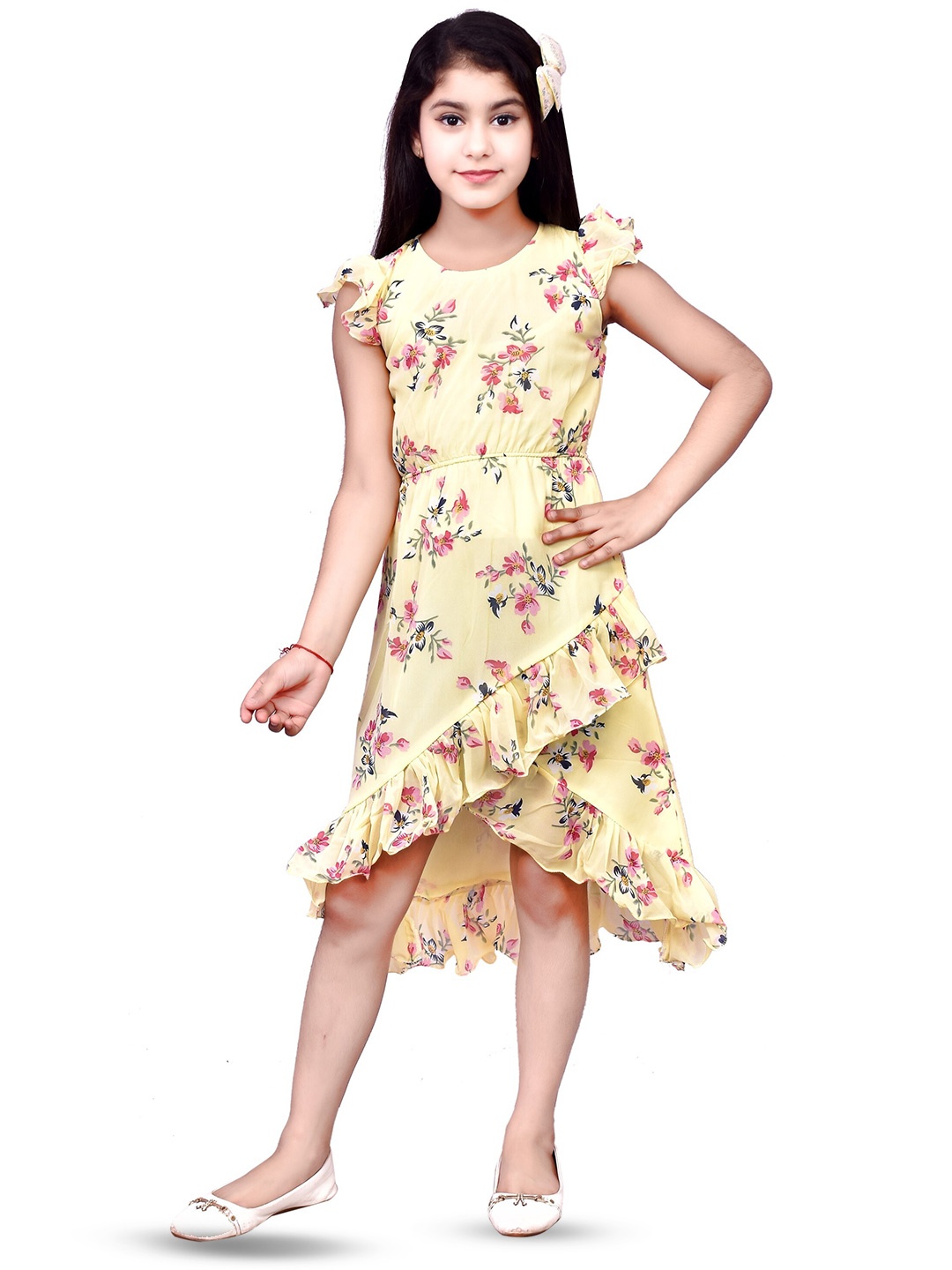 

BAESD Floral Print Flutter Sleeve Georgette A-Line Dress, Yellow