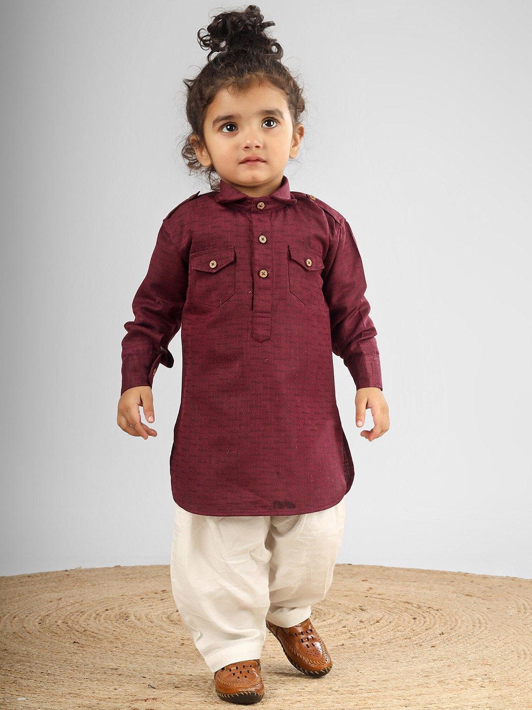 

Polka Tots Kids Abstract Printed Pathani Kurta With Dhoti, Maroon