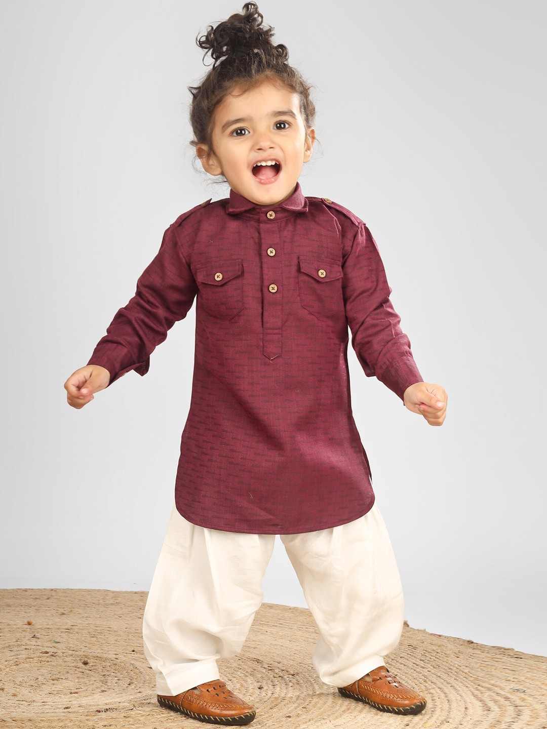 

Polka Tots Kids Abstract Printed Pathani Kurta With Dhoti, Maroon