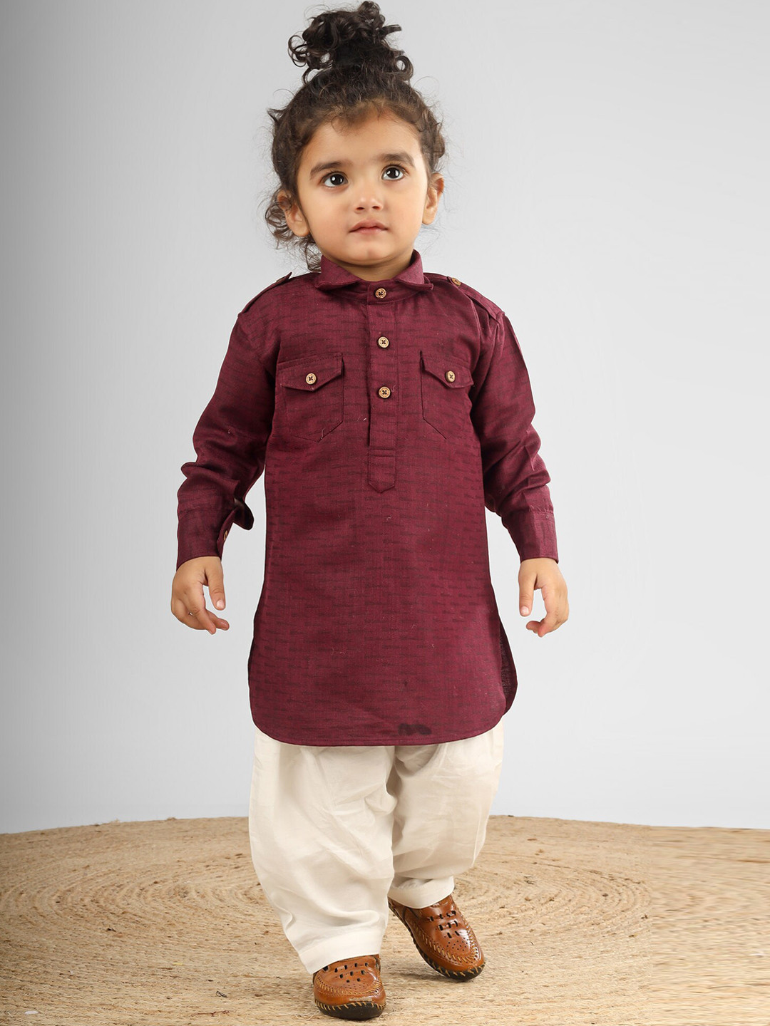 

Polka Tots Kids Shirt Collar Long Sleeves Kurta with Pyjamas, Maroon