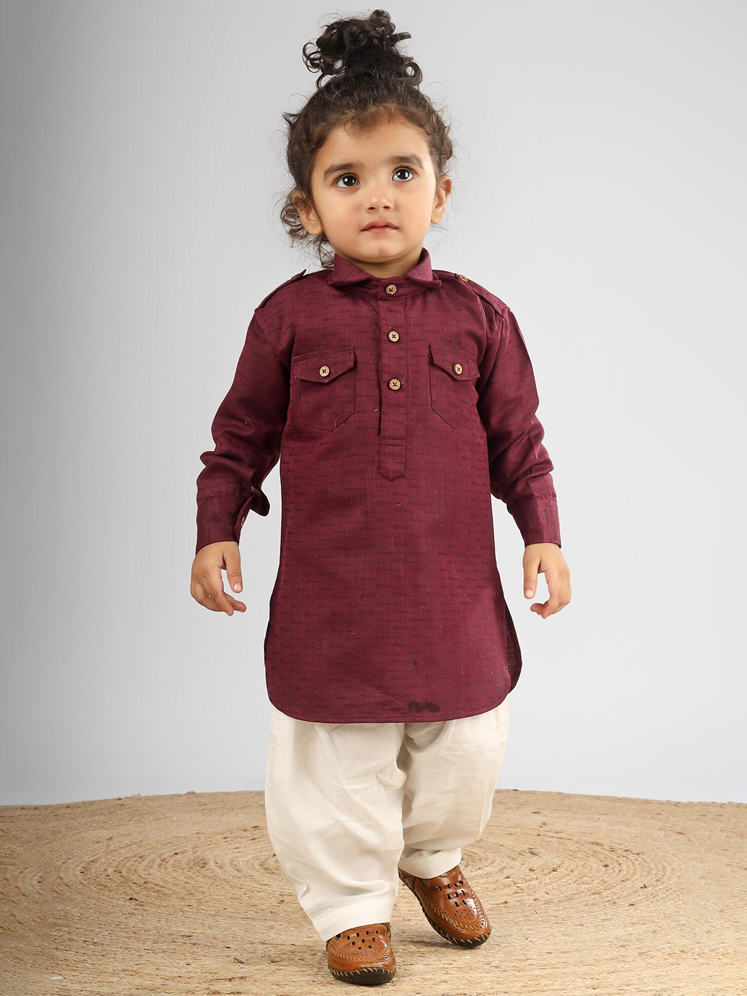 

Polka Tots Kids Abstract Printed Pathani Kurta With Dhoti, Maroon