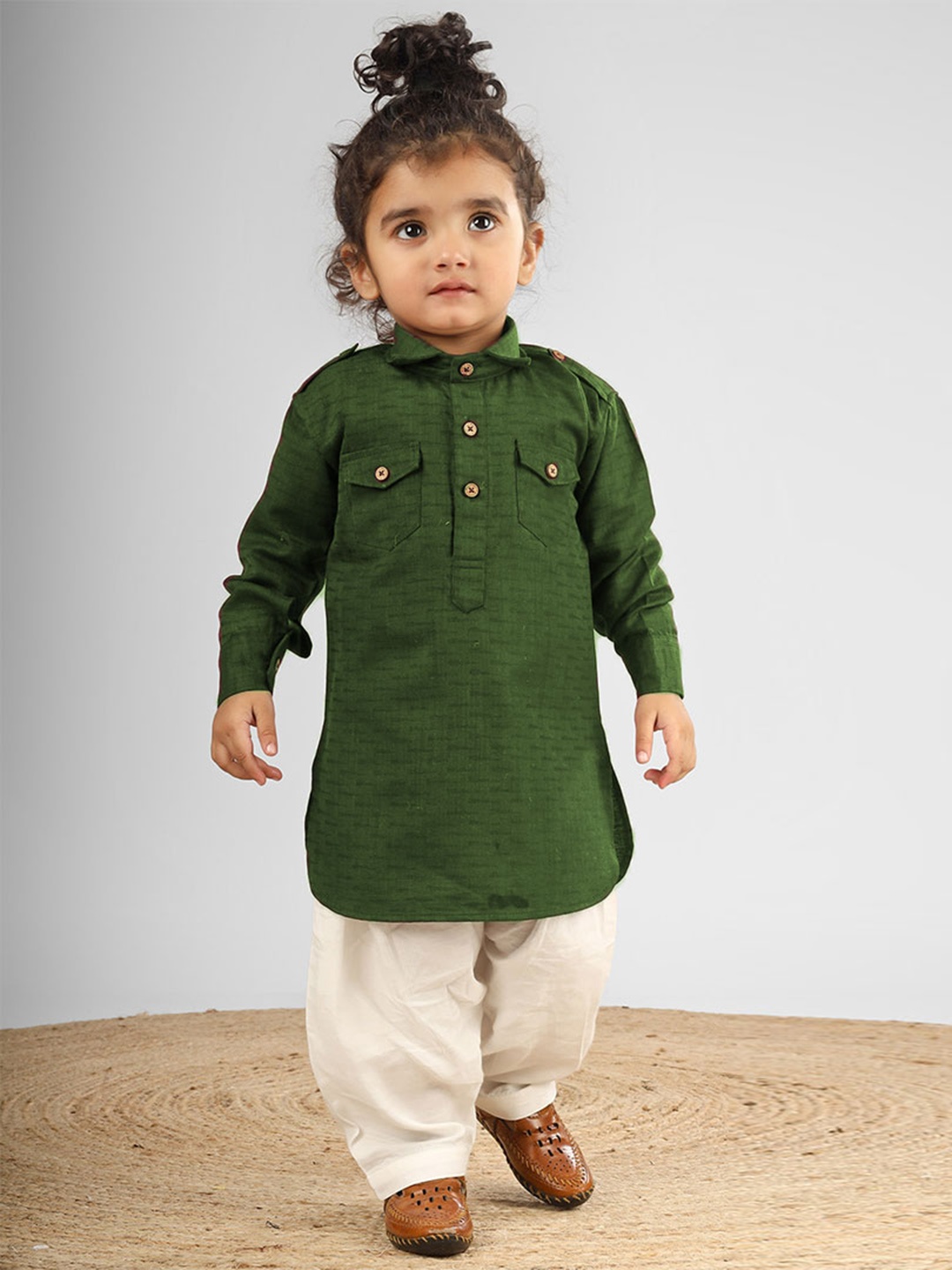 

Polka Tots Kids Abstract Printed Pathani Kurta With Dhoti, Green