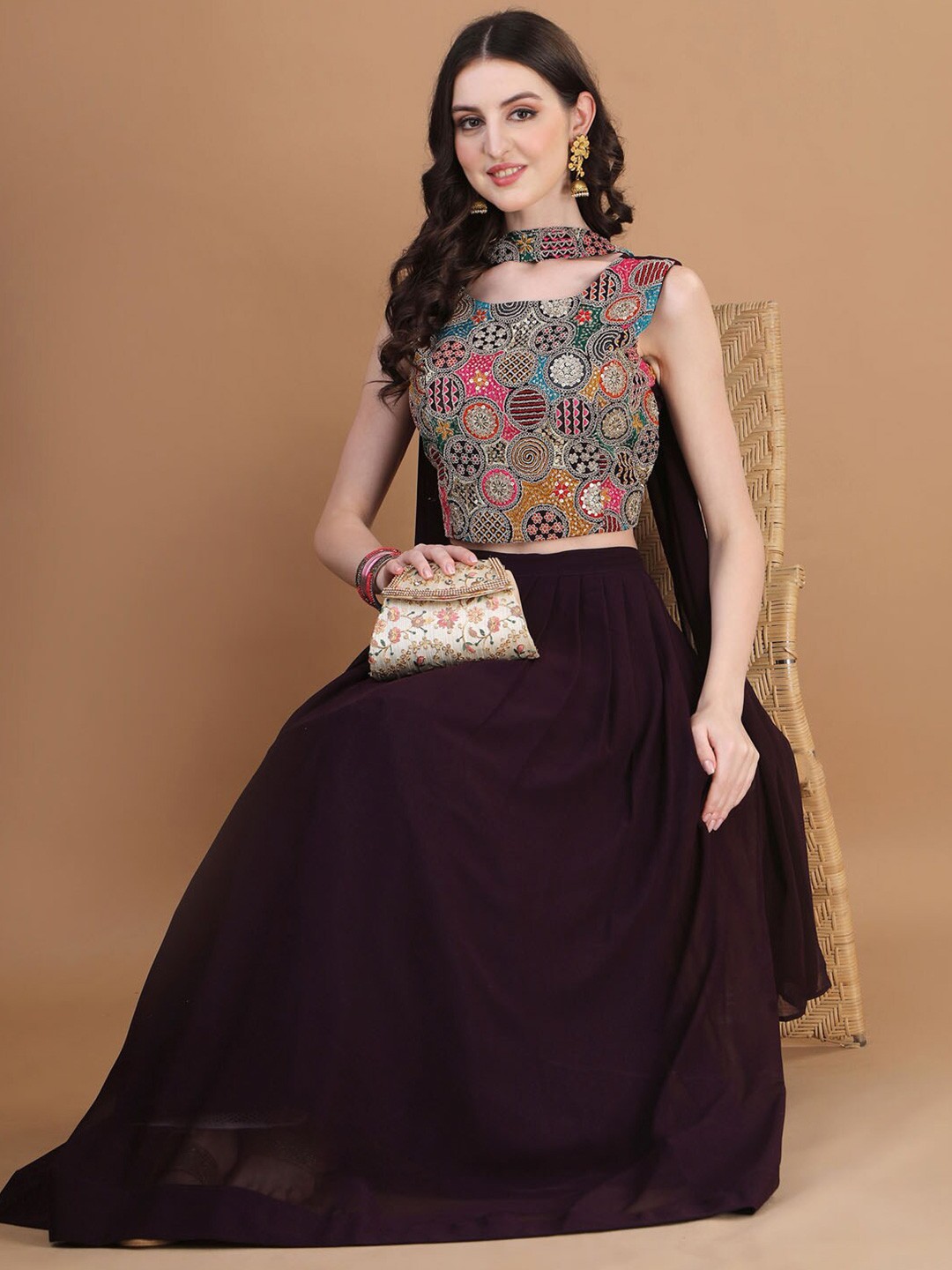 

Kinjo Embroidered Thread Work Ready to Wear Lehenga & Blouse With Dupatta, Purple