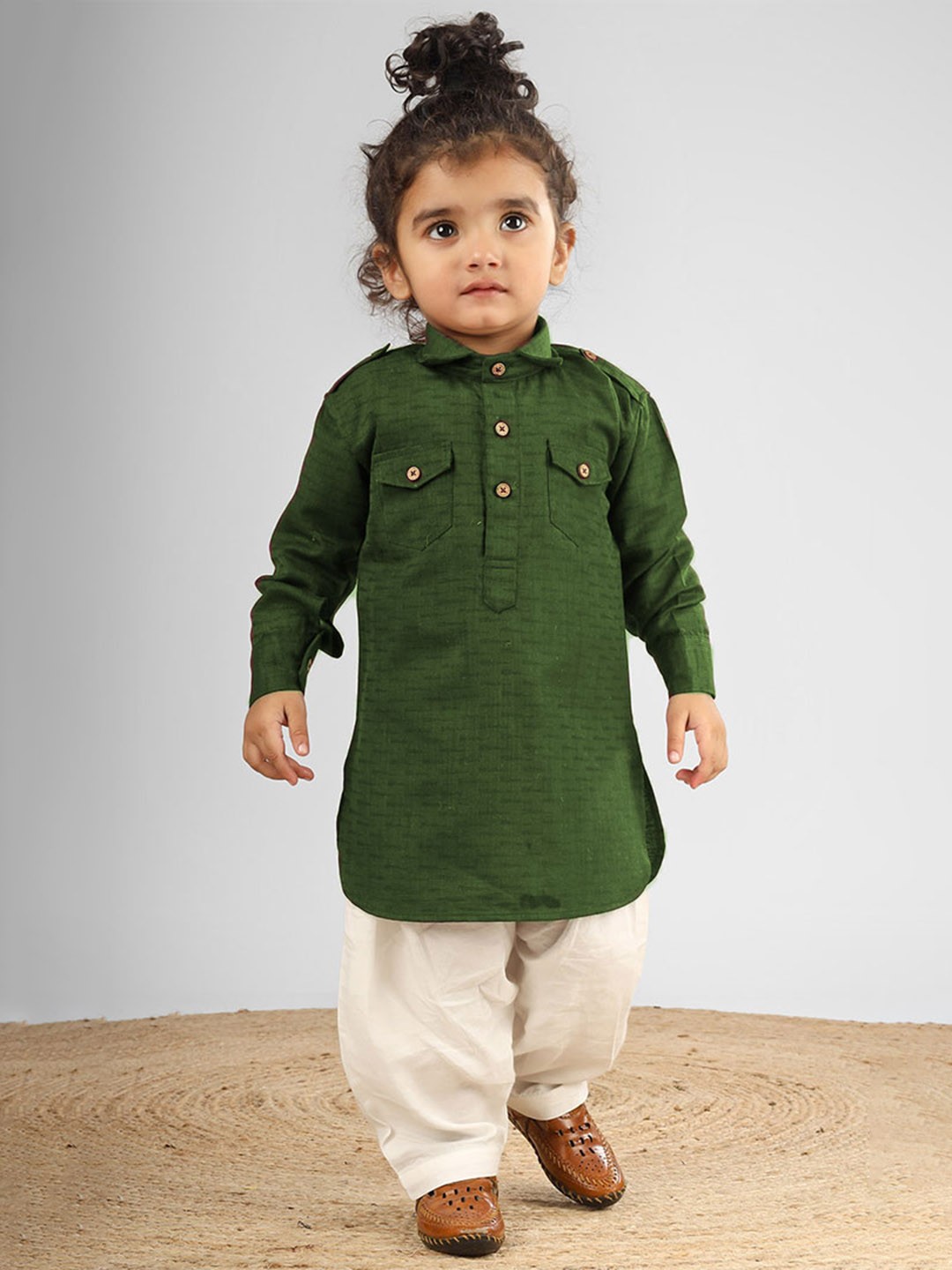 

Polka Tots Kids Abstract Printed Pathani Kurta With Dhoti, Green