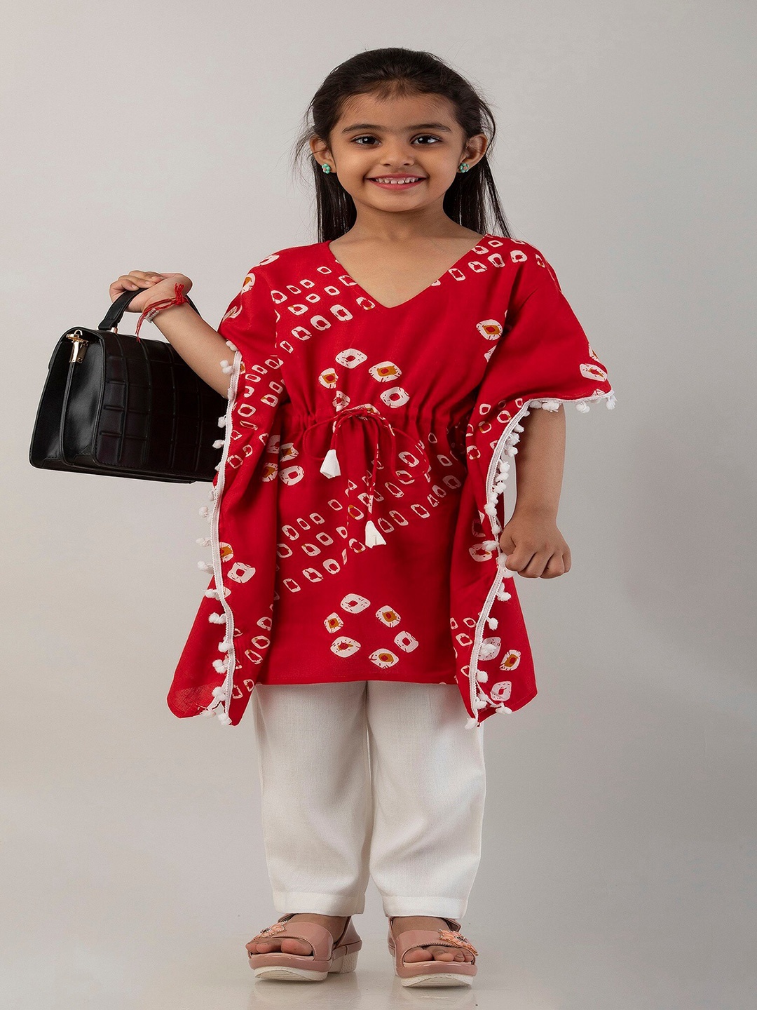 

BAESD Bandhani Printed Tie & Pom Pom Detail Kaftan Kurti, Red