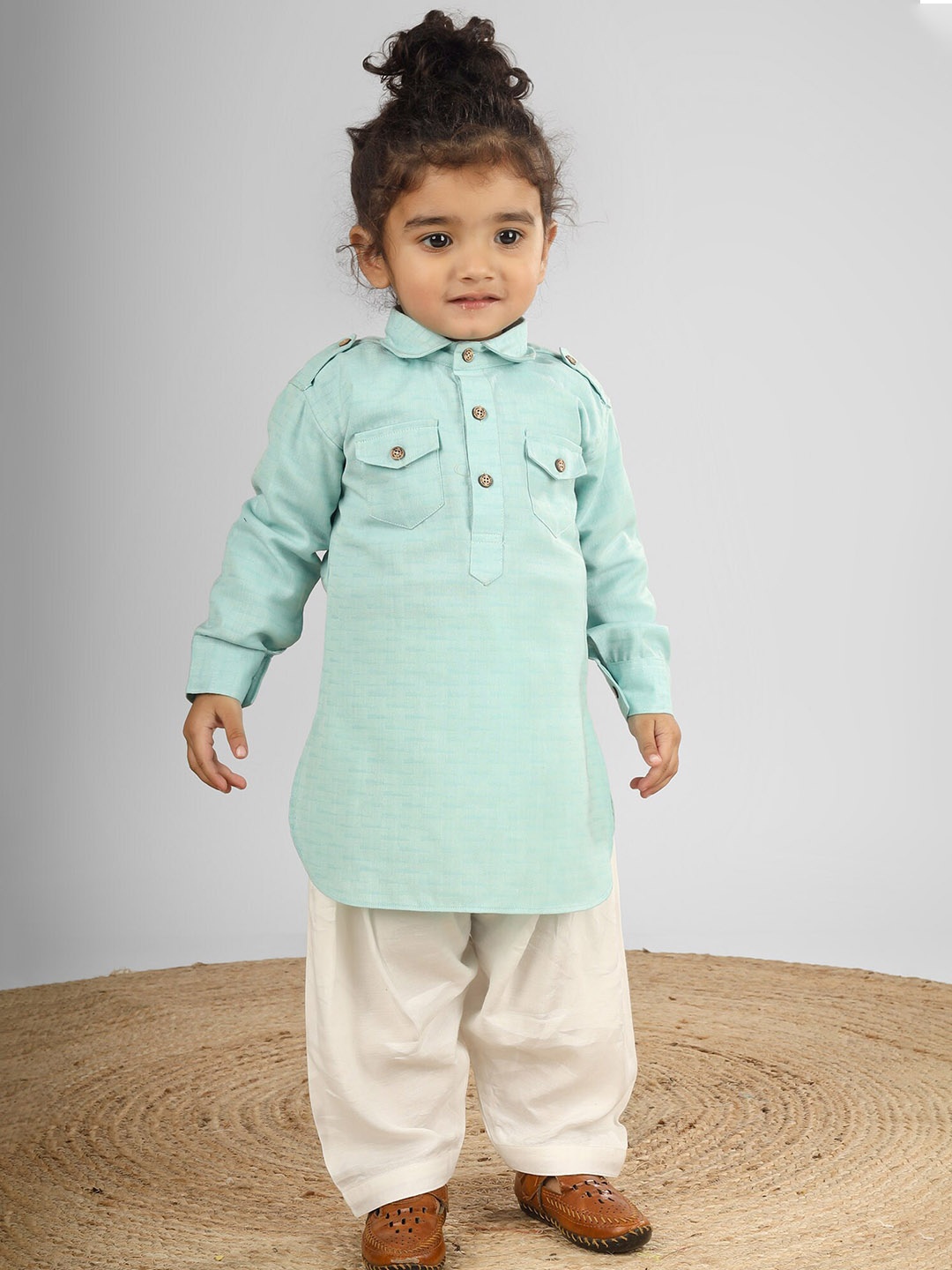 

Polka Tots Kids Shirt Collar Regular Kurta with Pyjamas, Sea green