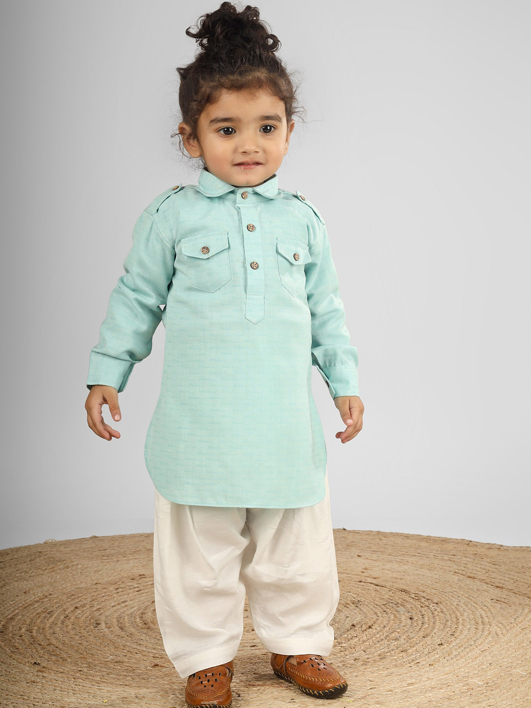 

Polka Tots Unisex Kids Regular Cotton Full Sleeve Kurta with Pyjamas, Sea green