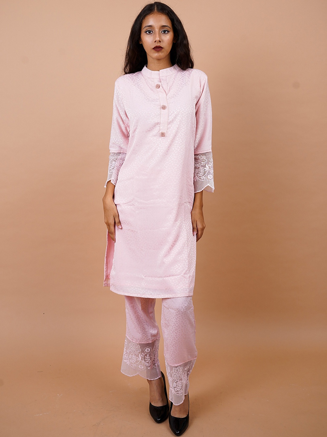 

HOUSE OF MIRA Self Design Band Collar Straight Kurta with Trouser, Pink