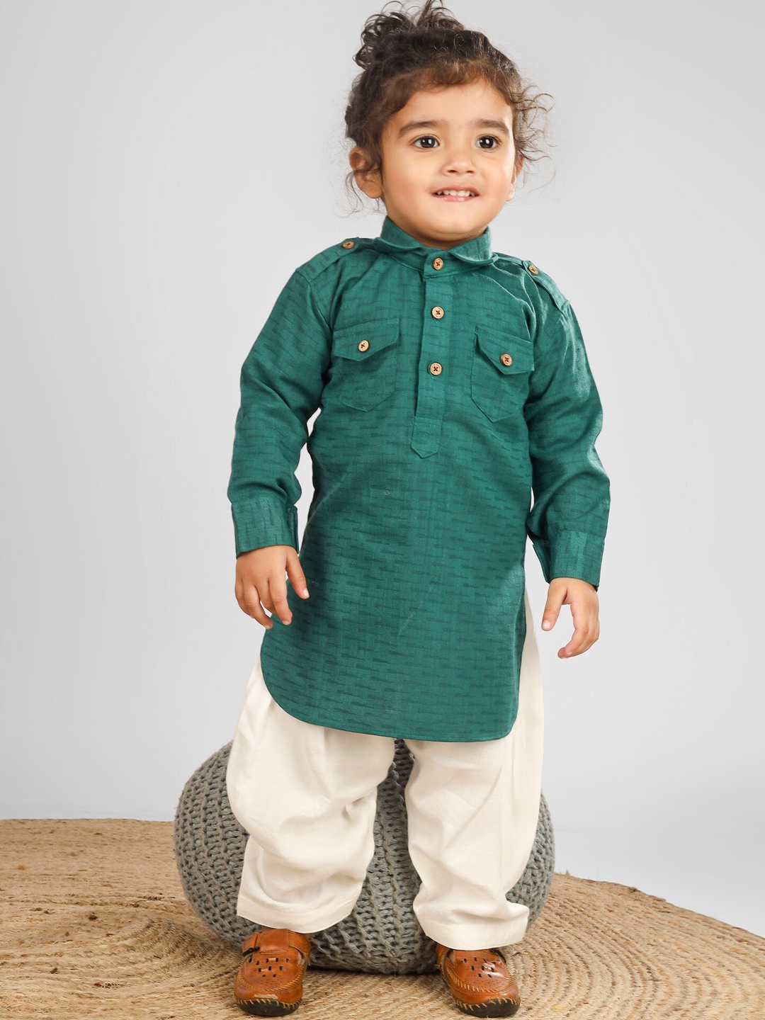 

Polka Tots Kids Abstract Printed Pathani Kurta With Dhoti, Green