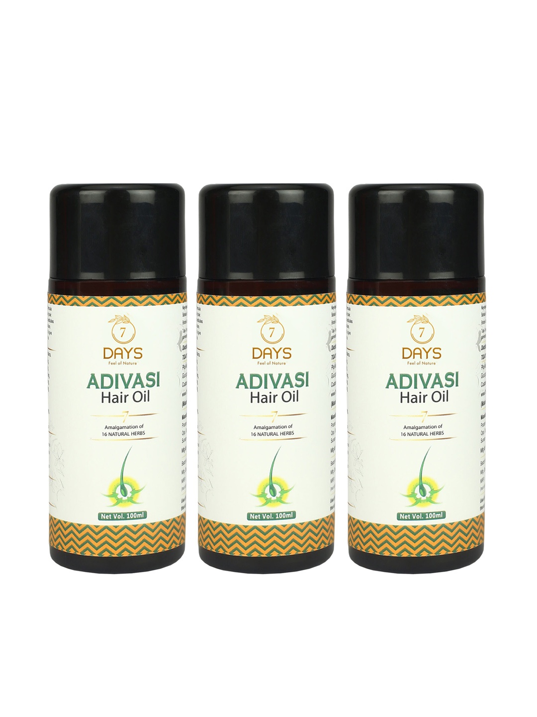 

7 DAYS Feel Of Nature Set of 3 Adivasi Hair Oil with Tulsi & Brahmi - 100 ml each, White