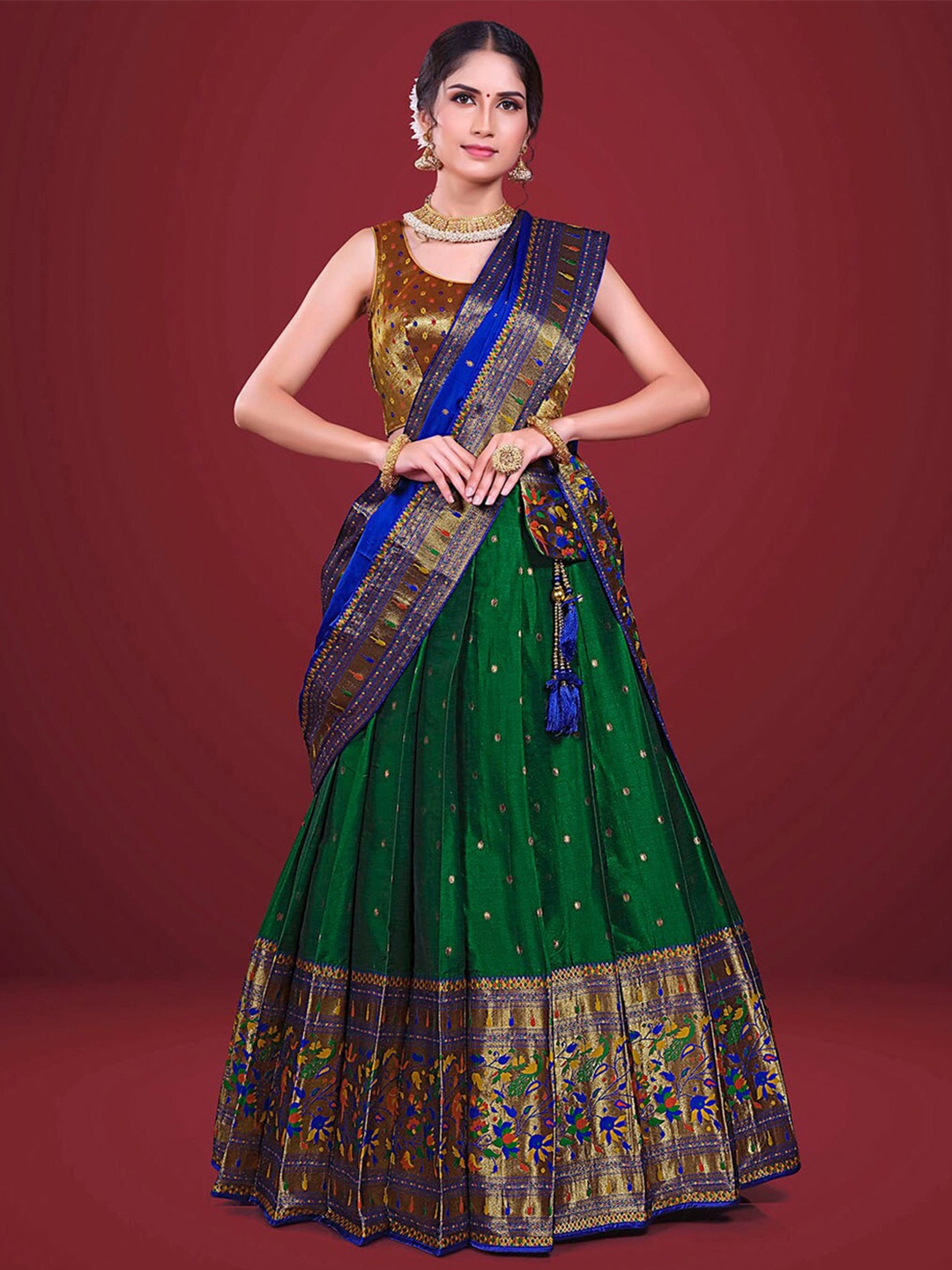 

HALFSAREE STUDIO Woven Design Semi Stitched Lehenga & Unstitched Blouse With Dupatta, Green