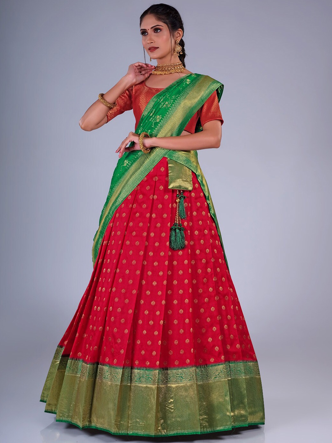 

HALFSAREE STUDIO Woven DesignSemi-Stitched Lehenga & Unstitched Blouse With Dupatta, Red