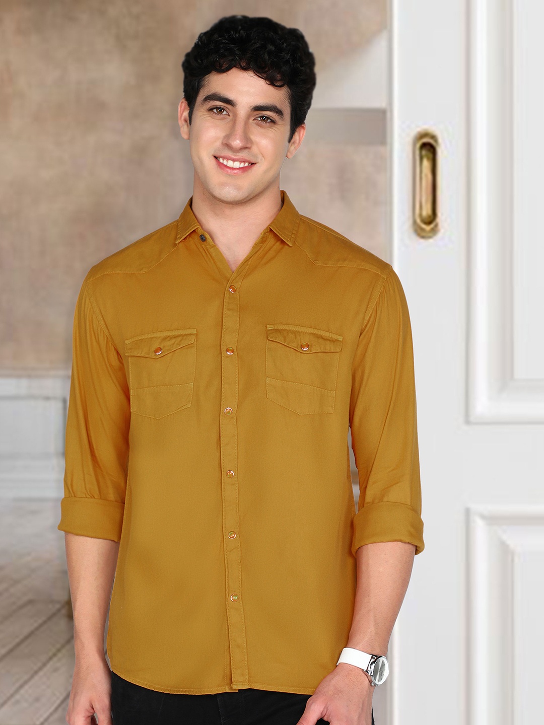 

Kuons Avenue Smart Cotton Slim Fit Spread Collar Curved Casual Shirt, Mustard