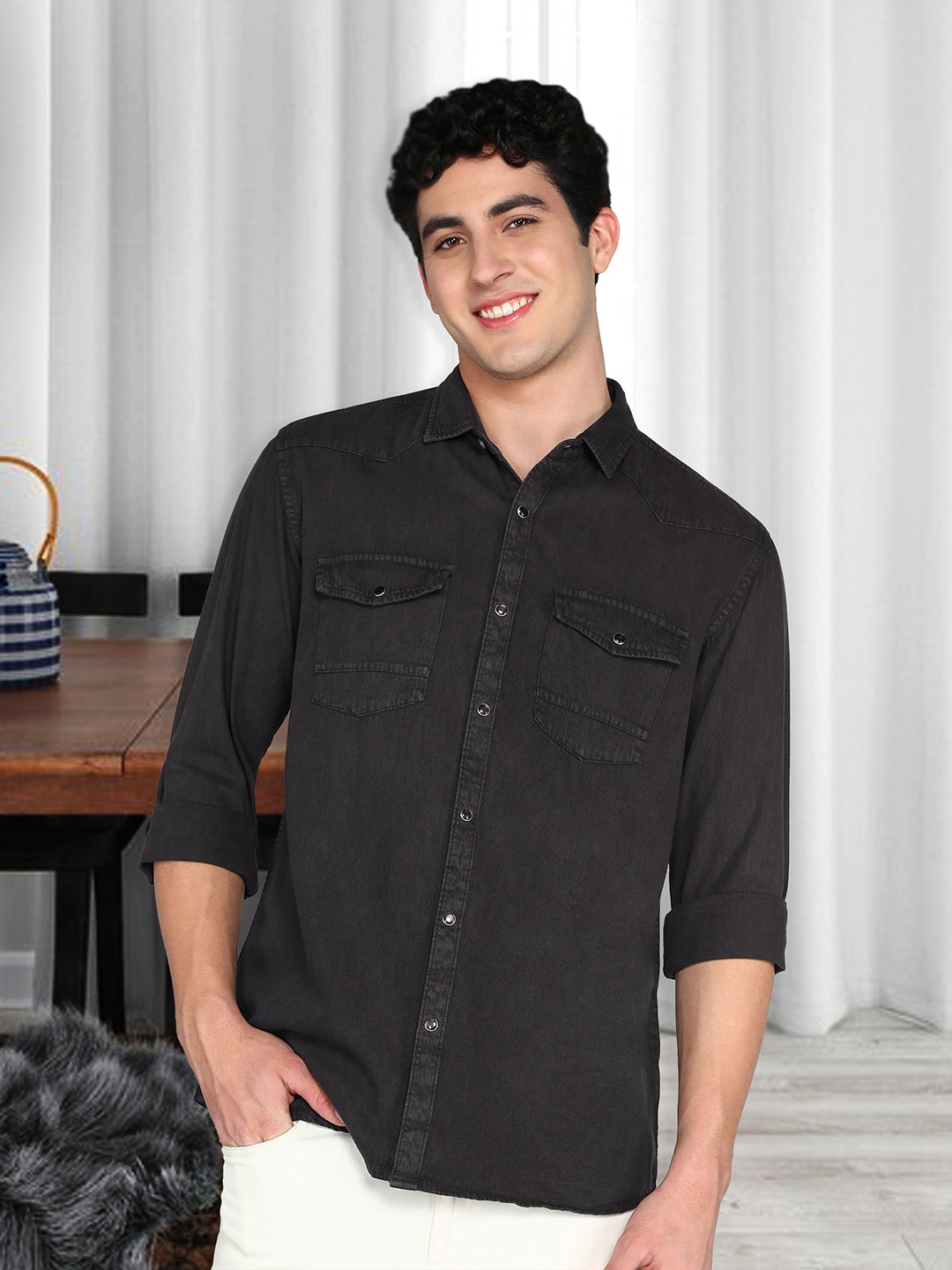 

Kuons Avenue Smart Cotton Slim Fit Spread Collar Curved Casual Shirt, Grey