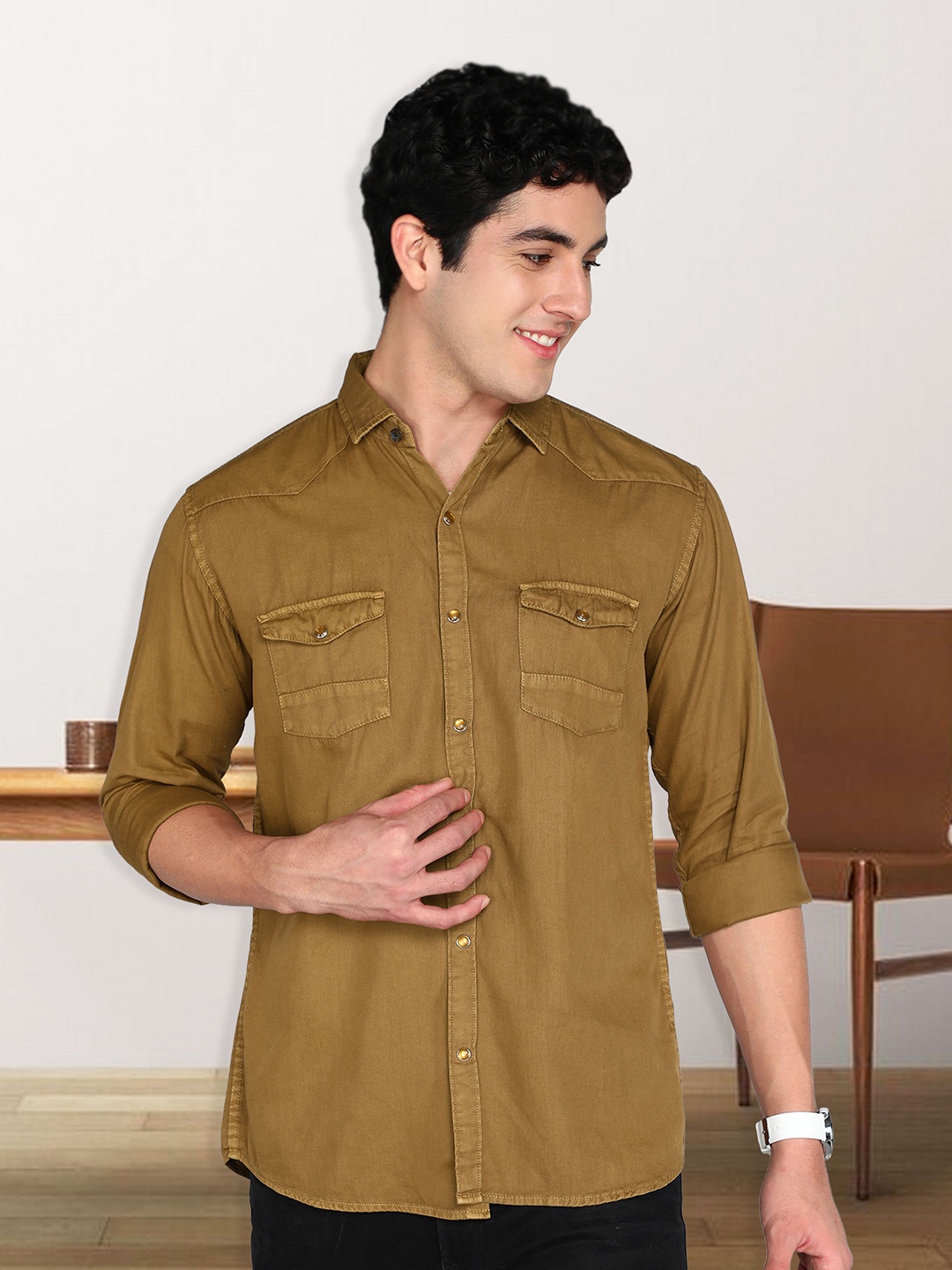 

Kuons Avenue Smart Cotton Slim Fit Spread Collar Curved Casual Shirt, Brown