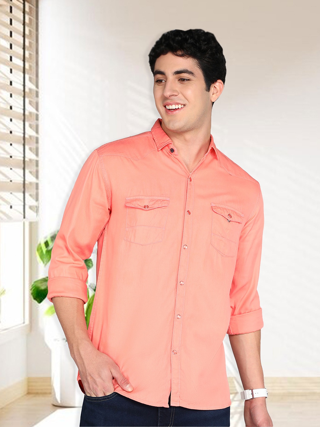 

Kuons Avenue Smart Cotton Slim Fit Spread Collar Curved Casual Shirt, Peach