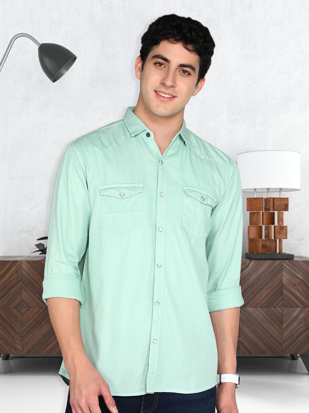 

Kuons Avenue Smart Cotton Slim Fit Spread Collar Curved Casual Shirt, Green