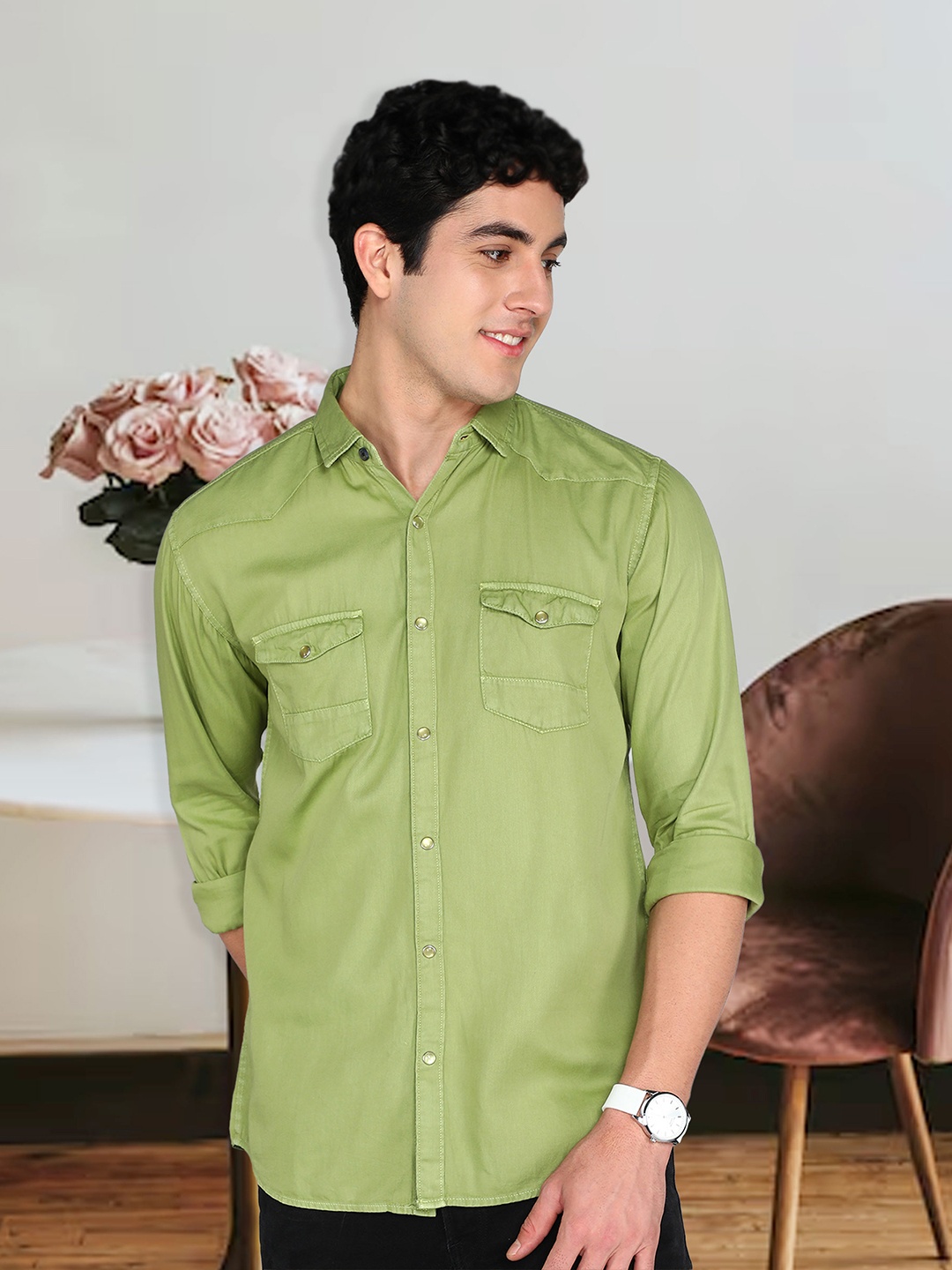 

Kuons Avenue Smart Cotton Slim Fit Spread Collar Curved Casual Shirt, Green
