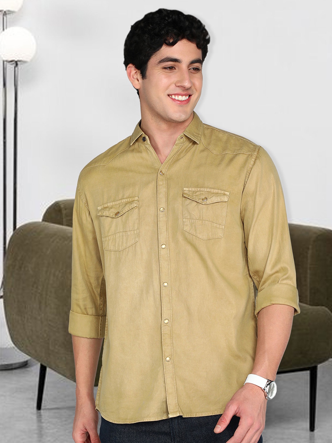 

Kuons Avenue Smart Cotton Slim Fit Spread Collar Curved Casual Shirt, Beige