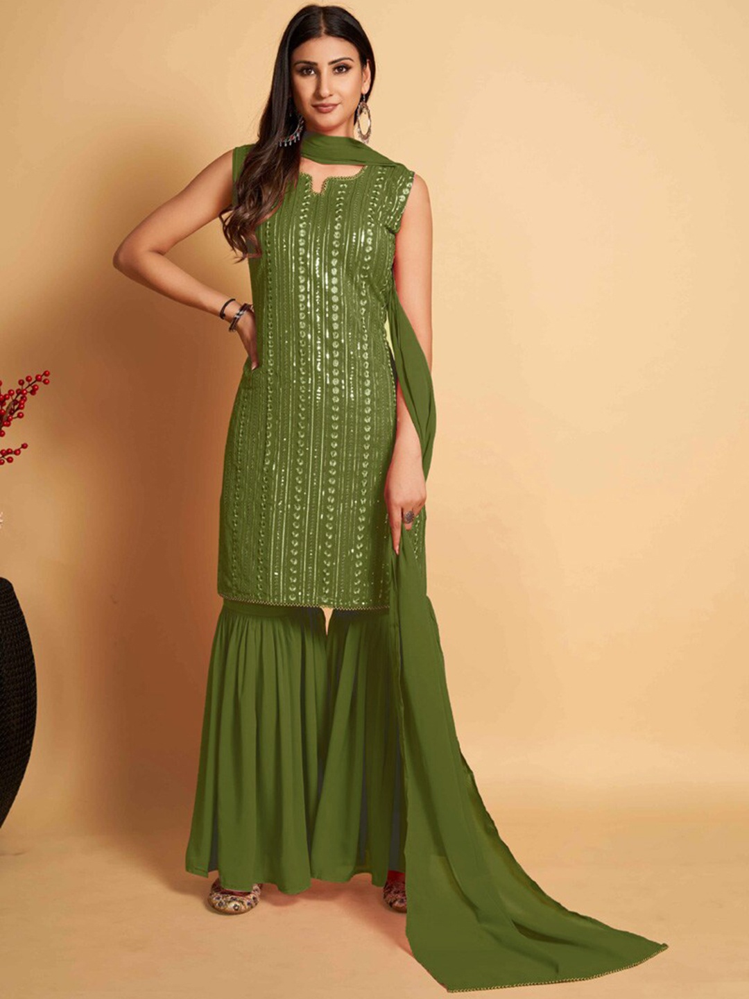 

ASISA Floral Embroidered Sequinned Round Neck Straight Kurta with Sharara & Dupatta, Olive