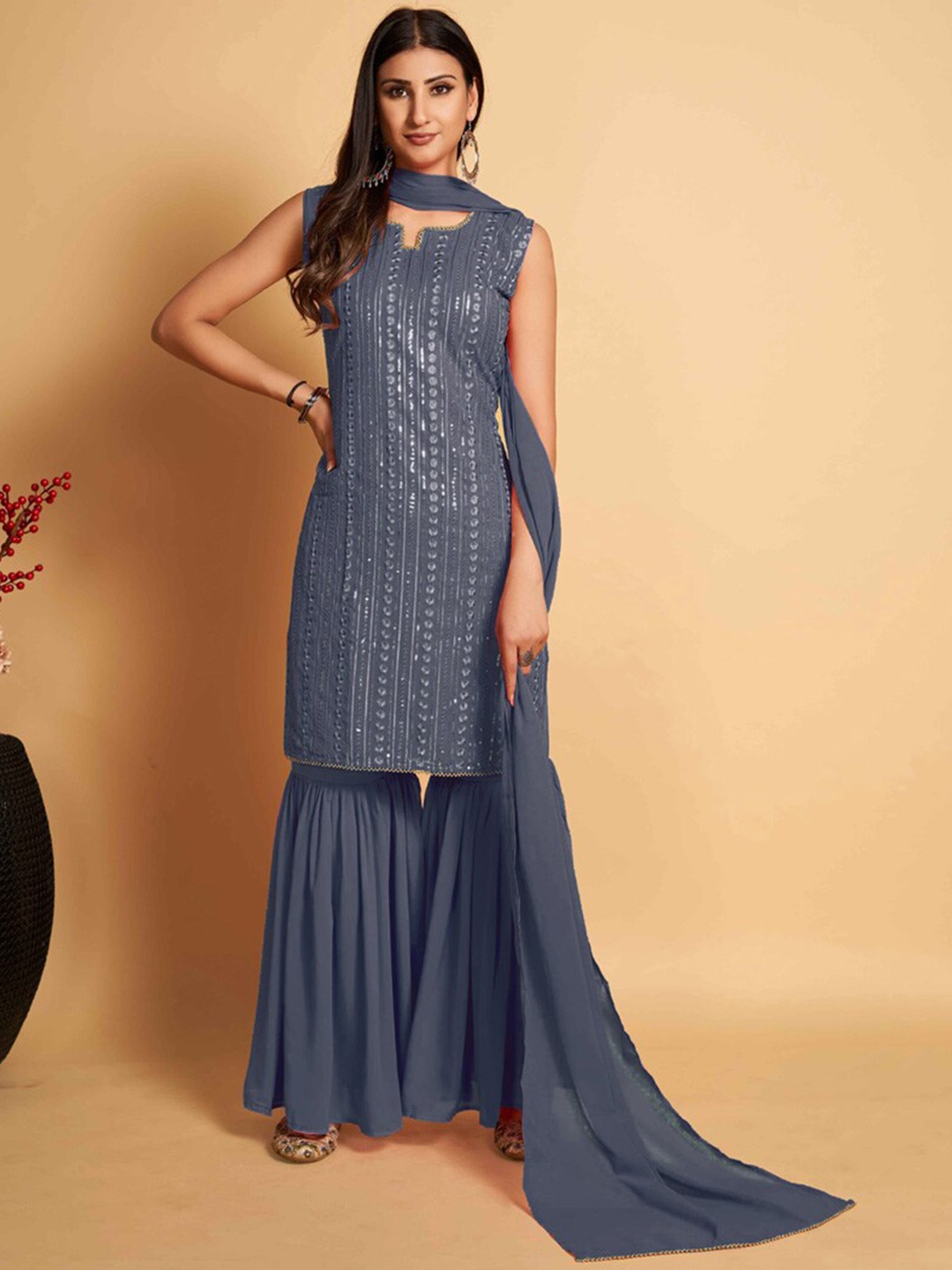 

ASISA Floral Embroidered Sequinned Round Neck Straight Kurta with Sharara & Dupatta, Blue