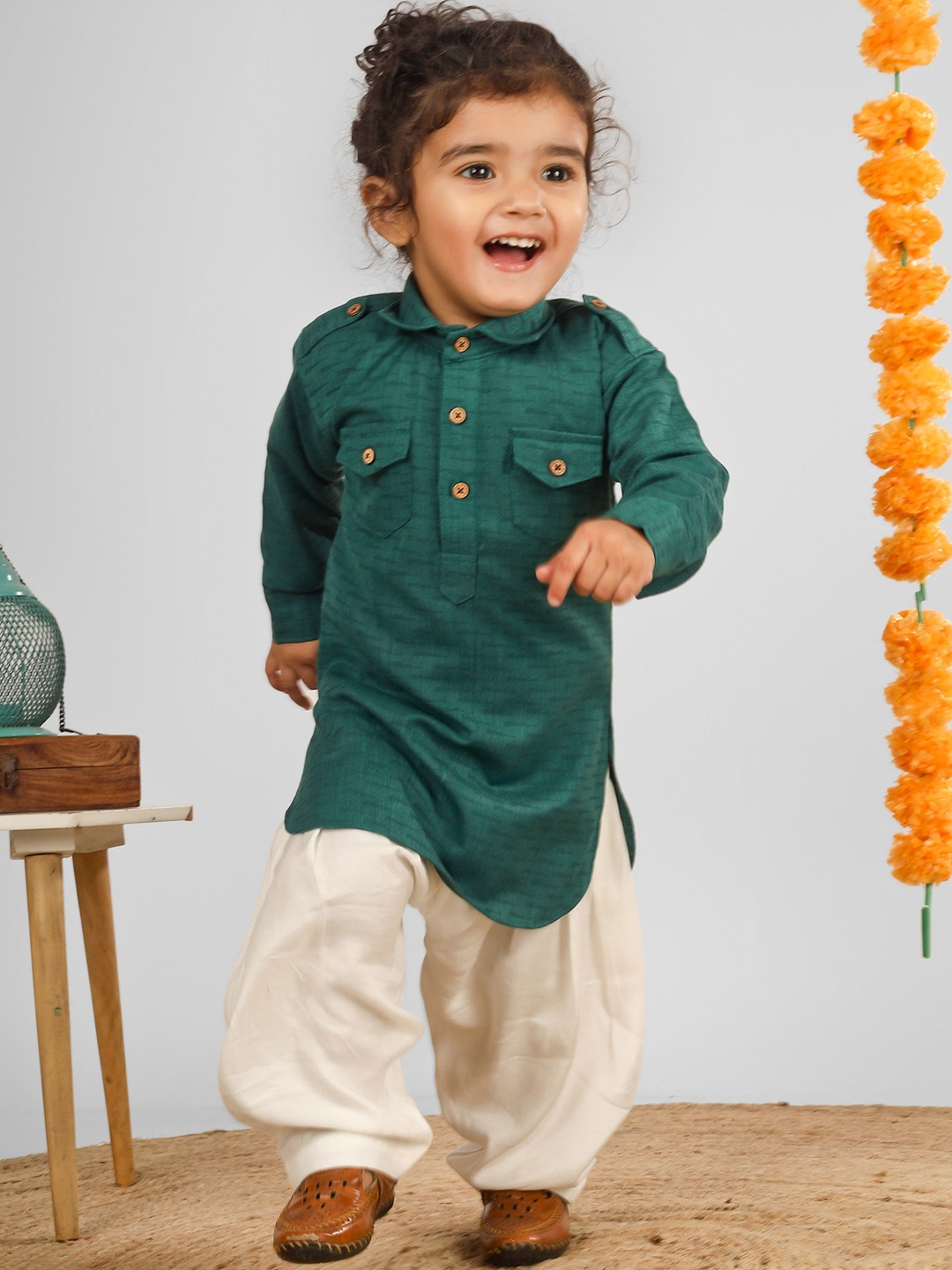 

Polka Tots Unisex Kids Regular Cotton Full Sleeve Kurta with Pyjamas, Green