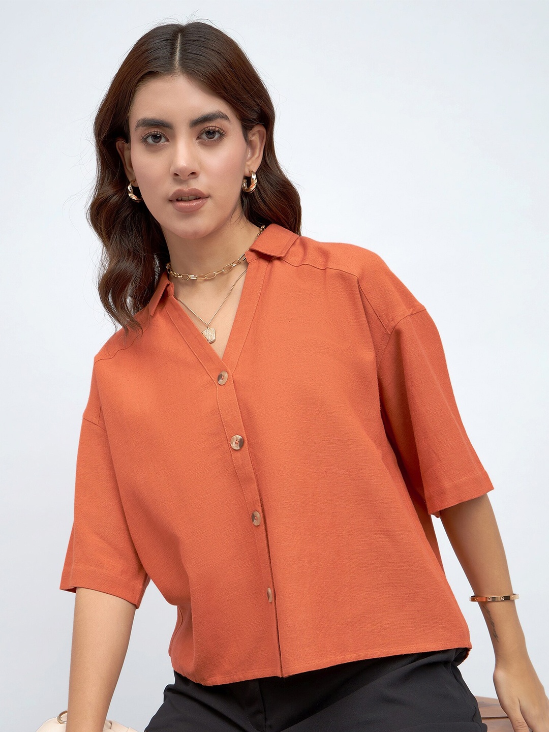 

DL Woman Oversized Drop Shoulder Shirt Style Cotton Top, Rust
