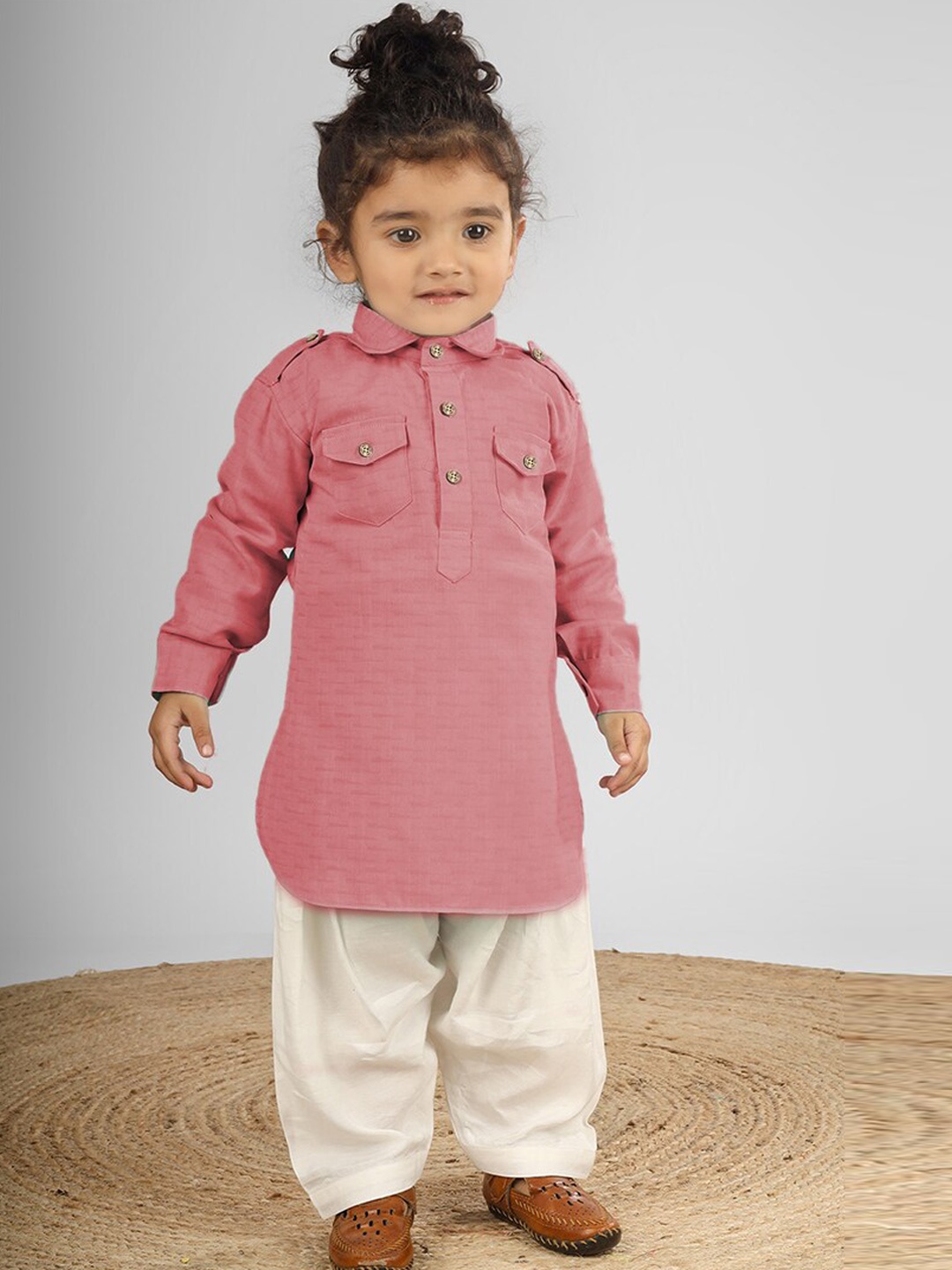 

Polka Tots Kids Abstract Printed Pathani Kurta With Dhoti, Pink