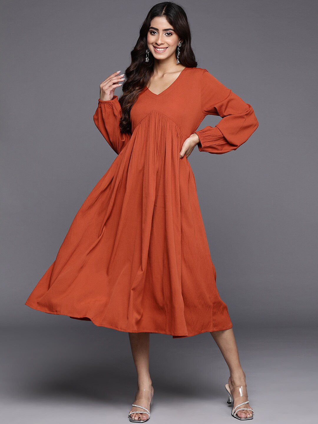 

KALINI Gathered Or Pleated Puff Sleeves Crepe Empire Midi Dress, Rust