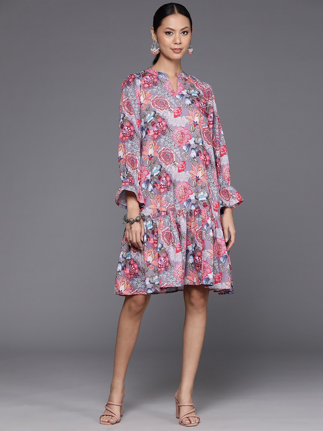 

KALINI Floral Print Mandarin Collar Bell Sleeve Drop-Waist Dress, Mauve