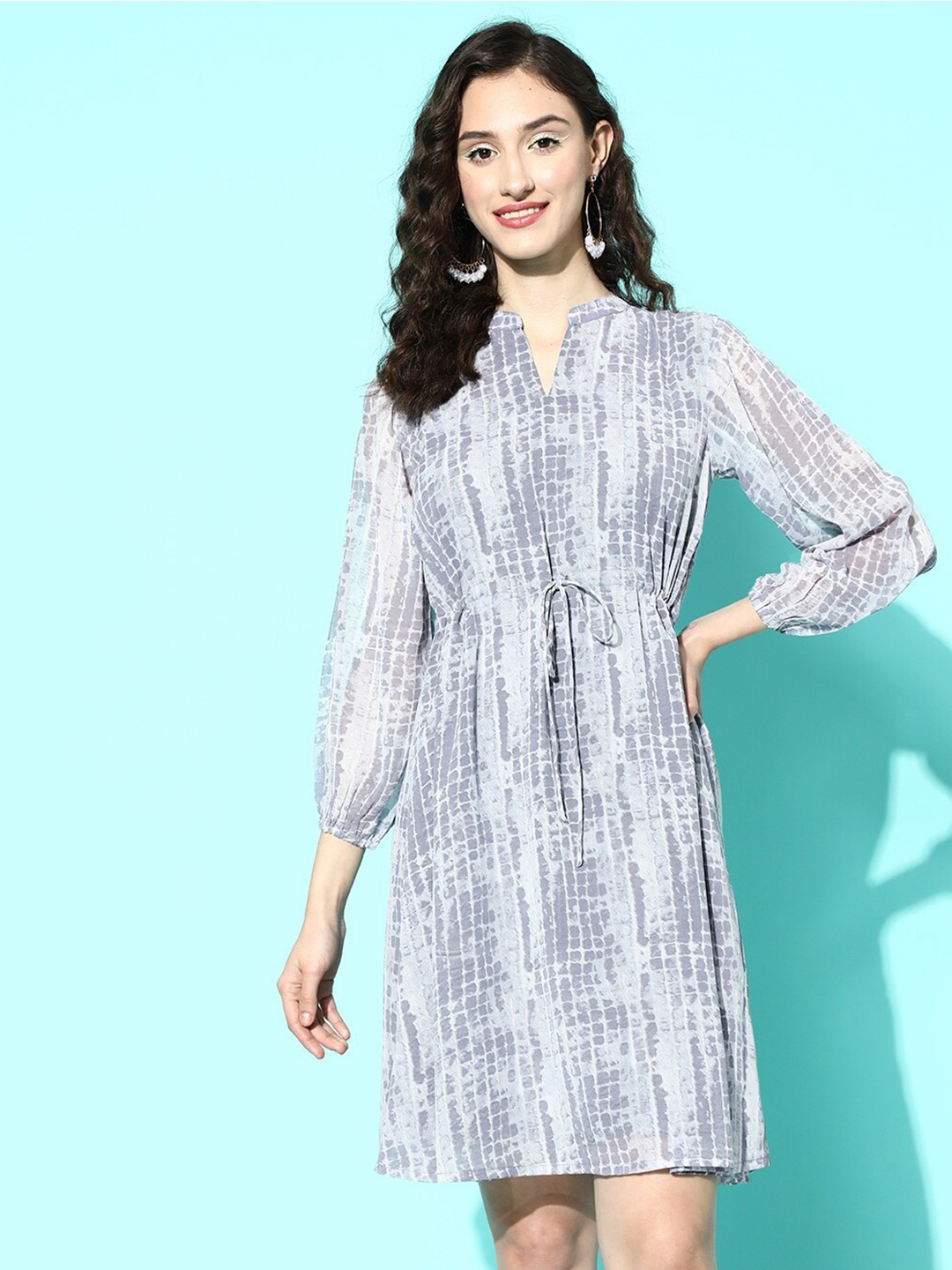 

KALINI Geometric Printed Three-Quarter Cuffed Sleeves Georgette Fit & Flare Dress, Grey