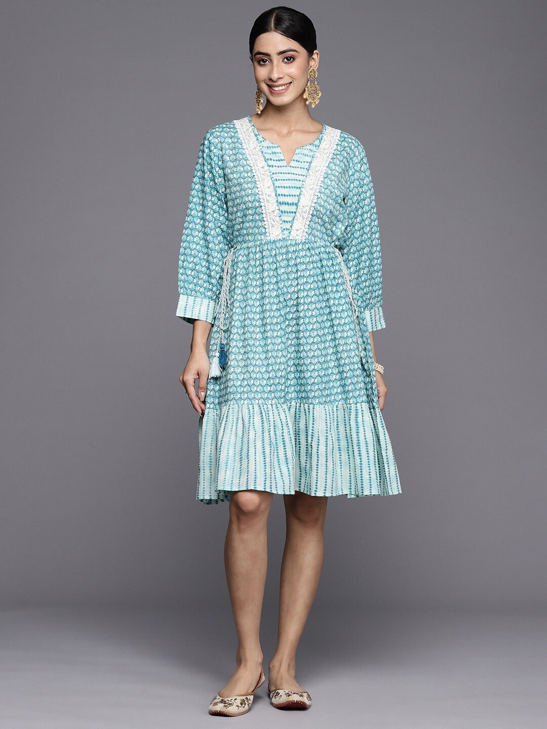 

KALINI Ethnic Motifs Print Round Neck Puff Sleeve A-Line Cotton Tiered Dress, Turquoise blue