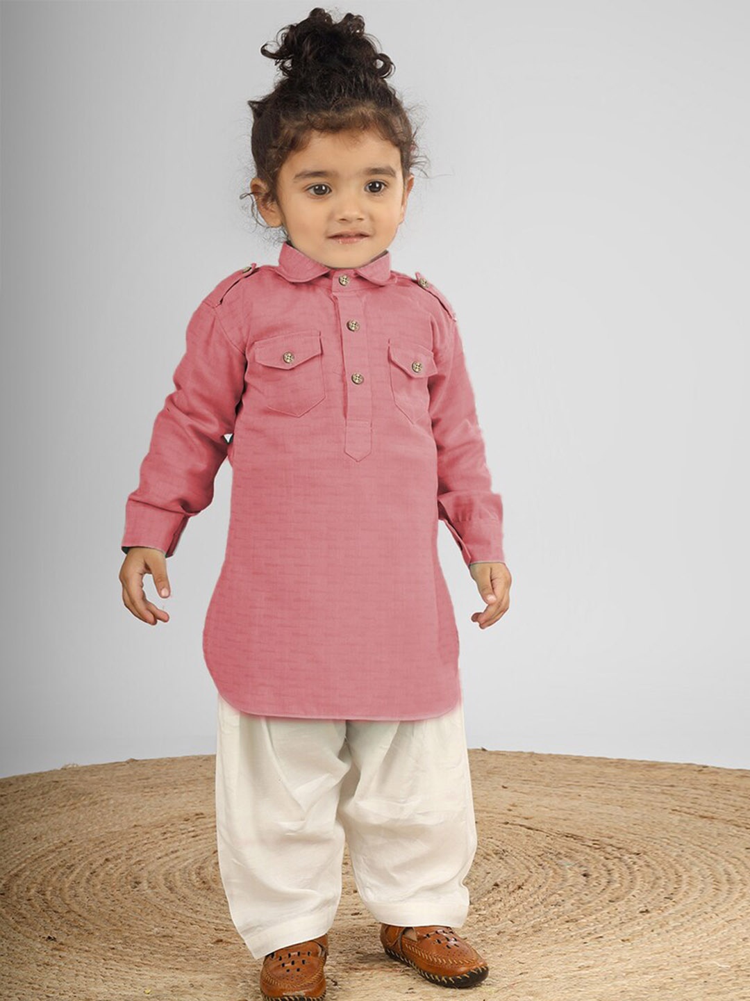 

Polka Tots Kids Abstract Printed Pathani Kurta With Dhoti, Pink